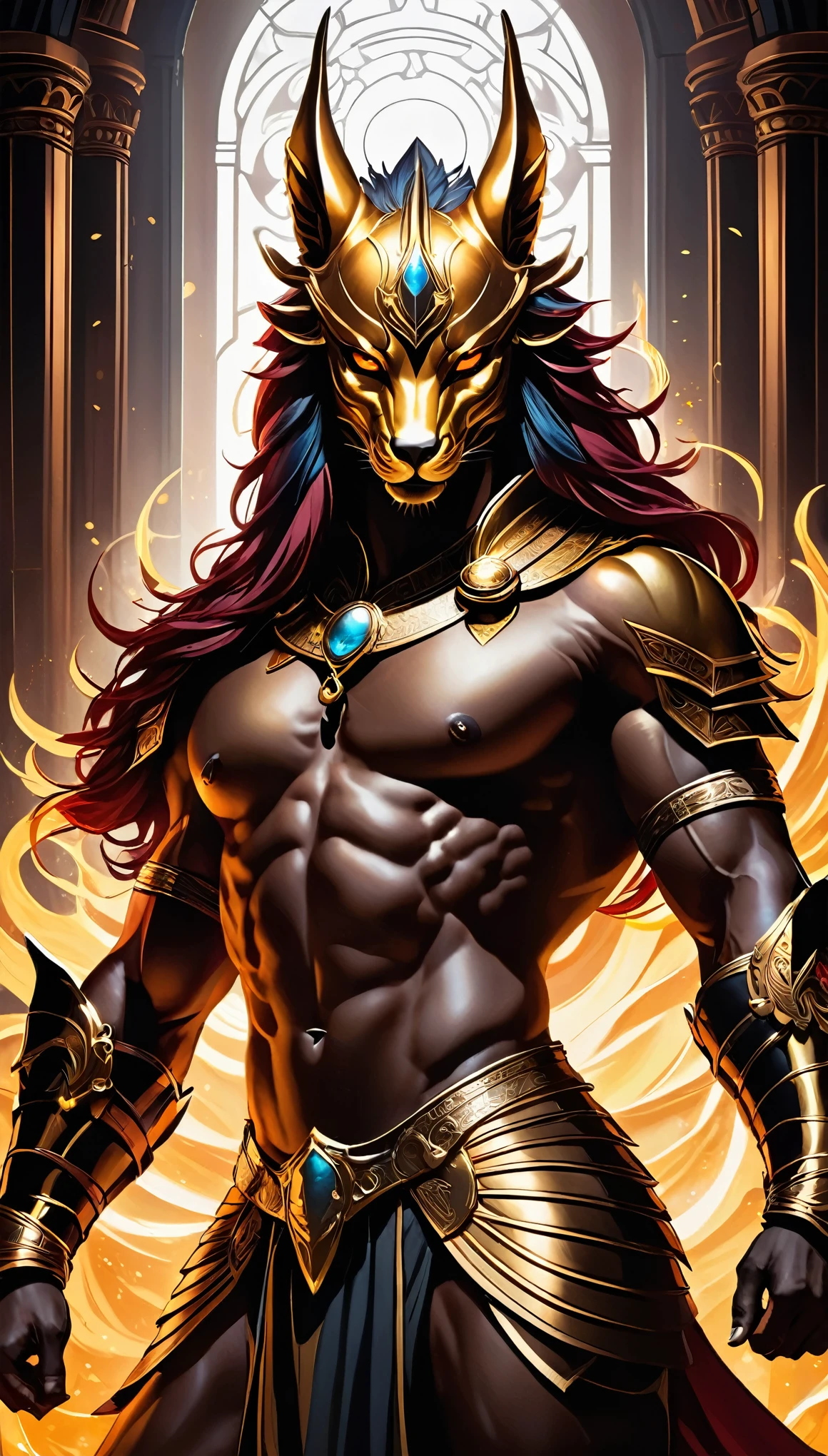 Uberfit，raised hands，Horned golden-headed creature, Dragon Knight Avatar, Mysterious Anubis Valkyrie, Super detailed fantasy characters,muscular， dragon portrait, Sleipnir&#39;s photo, ghost of anubis, (Raise your hand and stroke your hair), (Covered in blood from head to toe), V-shaped eyebrows, red glowing eyes striped hair, Colored inner hair, cover hair, chiaroscuro, spark, wide angle, panoramic, author：Alphonse Mucha, Tonality, dark tones，Monochromatic Fusion Palette，Contrasting colors, ultra high definition, masterpiece, precise, Super details, high detail, Award-winning, best quality, High resolution, high quality, ultra high definition, masterpiece, 8K