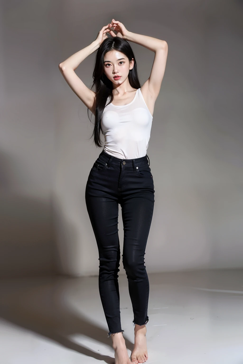 (lifelike, high resolution:1.3), Woman with perfect body 1, very fine face and eyes,long gray hair, Random color tank top:1.2, short jeans pants, Big Bub,showing stockings