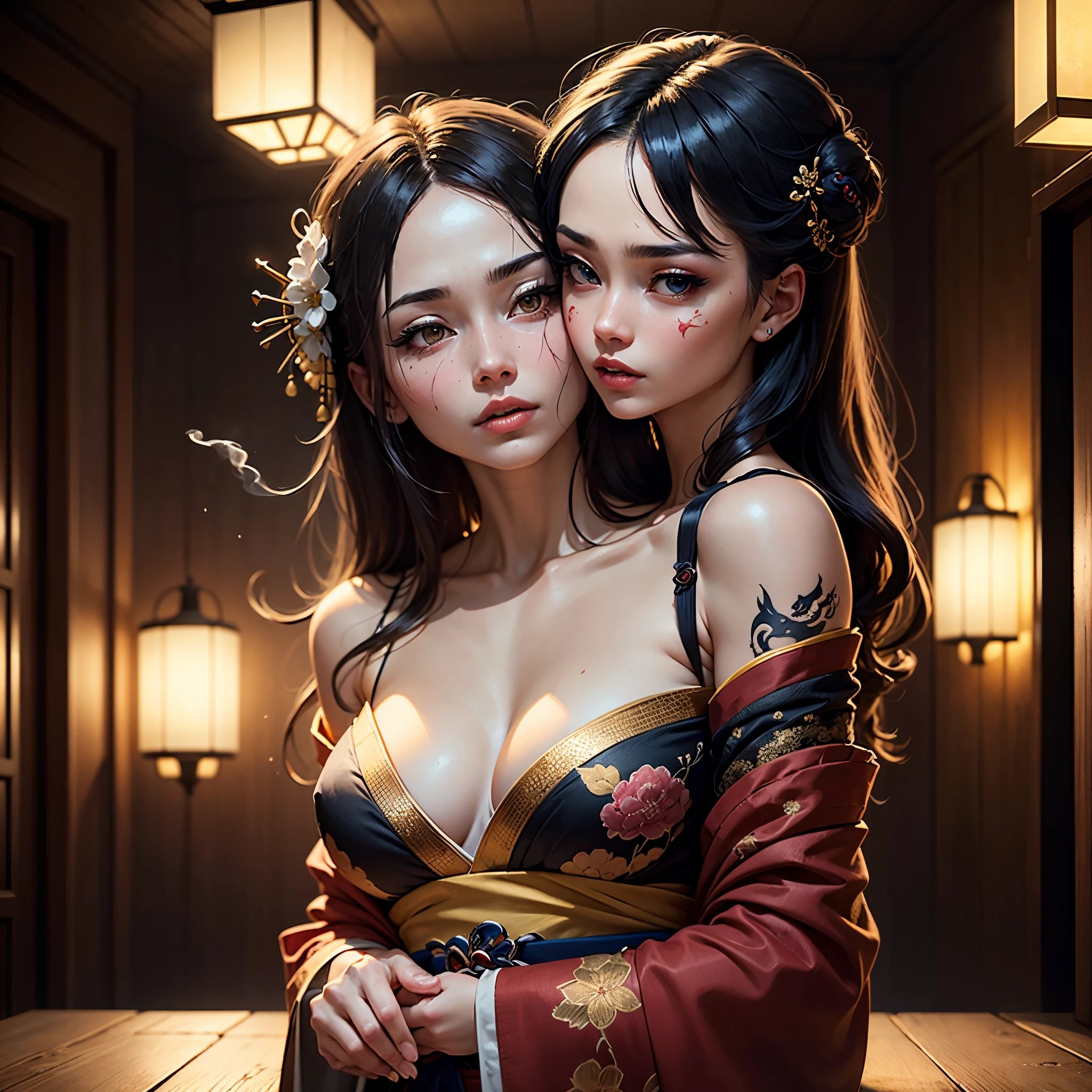 (best quality, 4k, highres, masterpiece:1.2), ultra-detailed, realistic:1.37, HDR, studio lighting, extreme detail description, professional, vivid colors, bokeh, portraits, horror, dark landscapes, mystic magic, seductive poses, moonlit night, dangerous charms, mysterious atmosphere, intricate dragon scales, alluring temptress, feudal Japan era, mesmerizing illusion, stolen desires, hidden desires, stolen secrets, secret rendezvous, forbidden encounters, swirling mist, intricate Japanese textiles, ornate kimono, delicate cherry blossoms, flickering candles, shadowy corners, intense gazes, passionate embraces, silky flowing hair, flickering lanterns, stolen kisses, intricate tattoos, enchanted geisha makeup, hypnotic dance, haunting melodies, cracked wooden floorboards, smokey incense, shimering gold, ominous presence, transformation, stolen innocence, concealed darkness