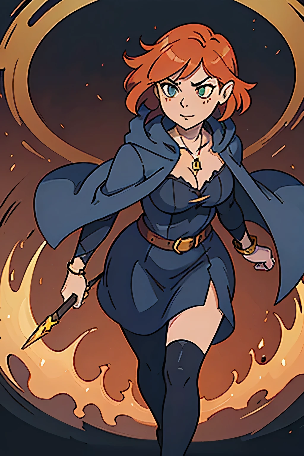 (((masterpiece))), (((best quality))), illustration, single character, game character, rpg character, female character, female necromancer, dark blue dress with golden details, leather bracers. huge cleavage, gemmed necklace. side butt. wide hips. up turned hips. Side hips exposed. wavy short hair. orange short hair, slightly pointy ears, yellowgreen eyes, evil face. attittude woman. open hooded black cloak. copper colored hair. aggressive posing. spell casting. dungeon background, flat color background, anime character, 8k, awesome quality