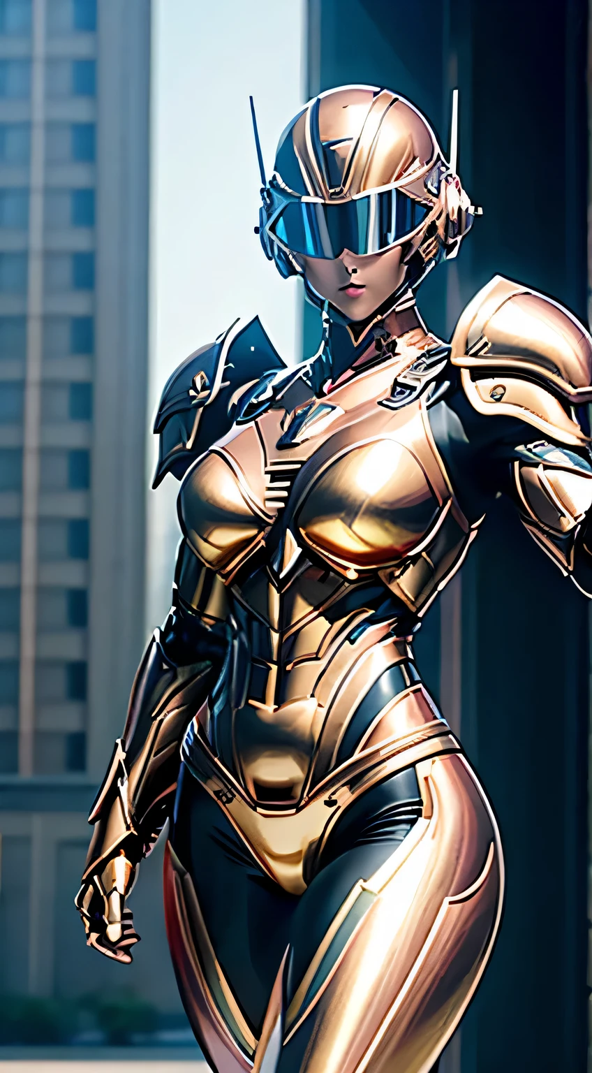 female robocop solo、bright outdoors、strong light source、8K, high quality, masterpiece, 最high quality, sharp contrast、very detailed、Armor that completely covers the whole body、very large armor、Helmet covering the head、clear pictures、Eyes hidden by thin straight goggles:1.3、The lower half of the face is raw:1.5、The lower half of the face is exposed、luscious lips、pink gold metallic armor、Armor that completely covers the chest、thin and long legs、Vibrant posel body view,big and full breasts:1.5, (sports body:1.5)、five fingers、photos around town