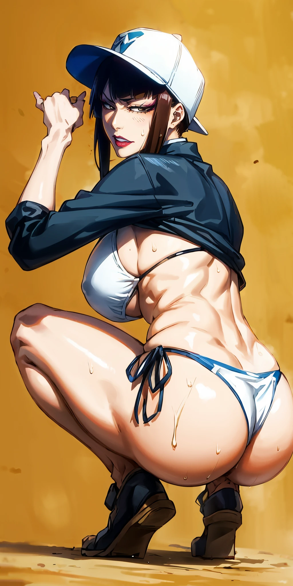 senjumaru shutara, long hair, bangs, blunt bangs, black hair, sidelocks, (black eyes:1.5), makeup, lipstick, red lipstick, curvy, huge breasts, anatomically correct, best quality, masterpiece, high quality, high details, highres, HD, squatting, baseball_cap, 1girl, bikini, swimsuit, hat, side-tie_bikini, breasts, solo, ass, looking_at_viewer, white_bikini, large_breasts, blue_headwear, back, cropped_jacket, shrug_(clothing), yellow_background, looking_back, simple background, muscular female, "long shot scenic professional photograph of {prompt}, perfect viewpoint, highly detailed, wide-angle lens, hyper realistic, with dramatic sky, polarizing filter, natural lighting, vivid colors, everything in sharp focus, HDR, UHD, K", (shaded face:1.2), hollow eyes, brown eyes, looking at viewer, heavy breathing, smirk, upper teeth, sweating, wet, lips, lipstick,