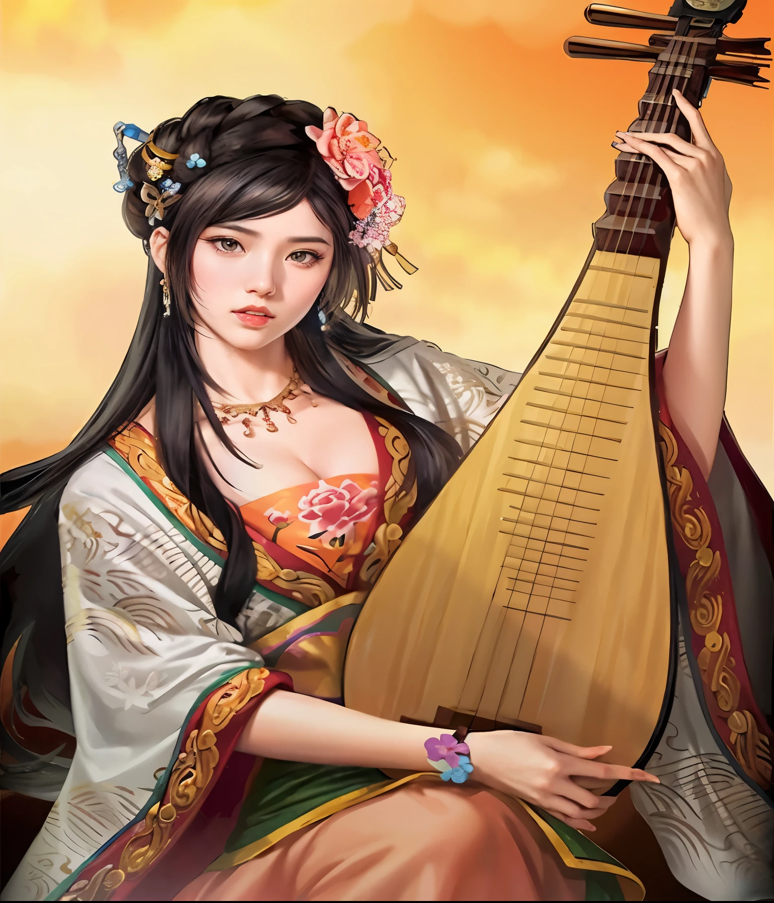 Close-up of a woman holding an instrument in her hand, world of lute, holding a lute, is playing a lute, lute, beautiful fantasy queen, chinese princess, Inspired by Zhu Lian, Inspired by Song Maojin, inspired by Wu Zuoren, Inspired by Song Xu, Queen of China, Chinese goddess