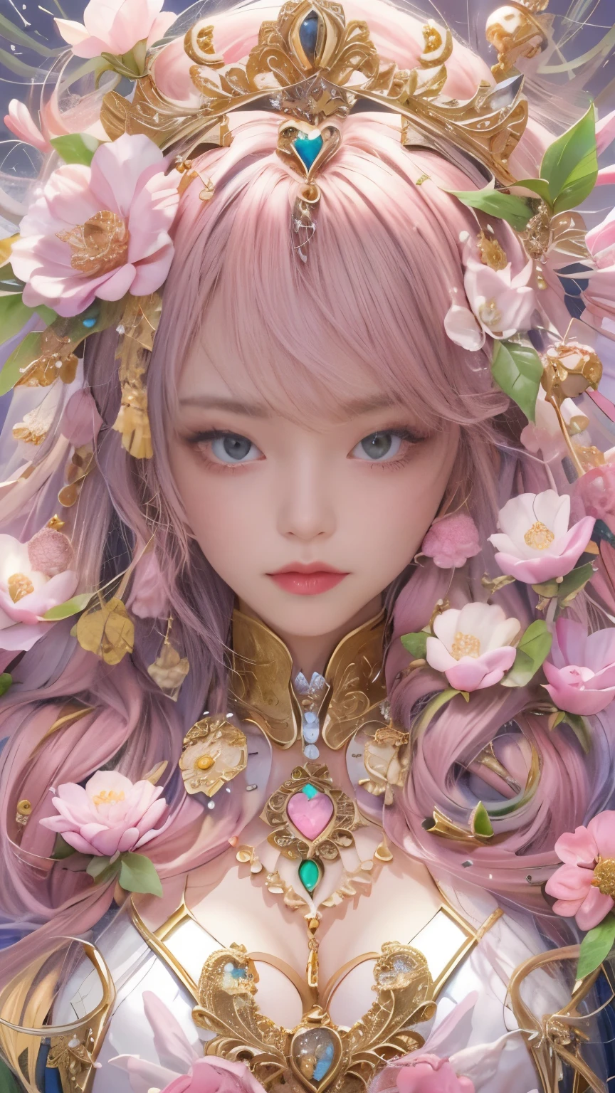 (table top, highest qualityの, highest quality, official art, beautiful and aesthetic:1.2), (1 fantasy girl), very detailed, gorgeous jewelry,face is close, shapeless long hair, (fractal art:1.3),colorful,best details.expressed in the shape of a heart、heart shaped ornament、Use a lot of heart shapes、Use a lot of heart shapes in the background、Use lots of pink、use lots of flowers、Angle from above the knee,The skin is white and transparent,high heels、Gold Anklet、