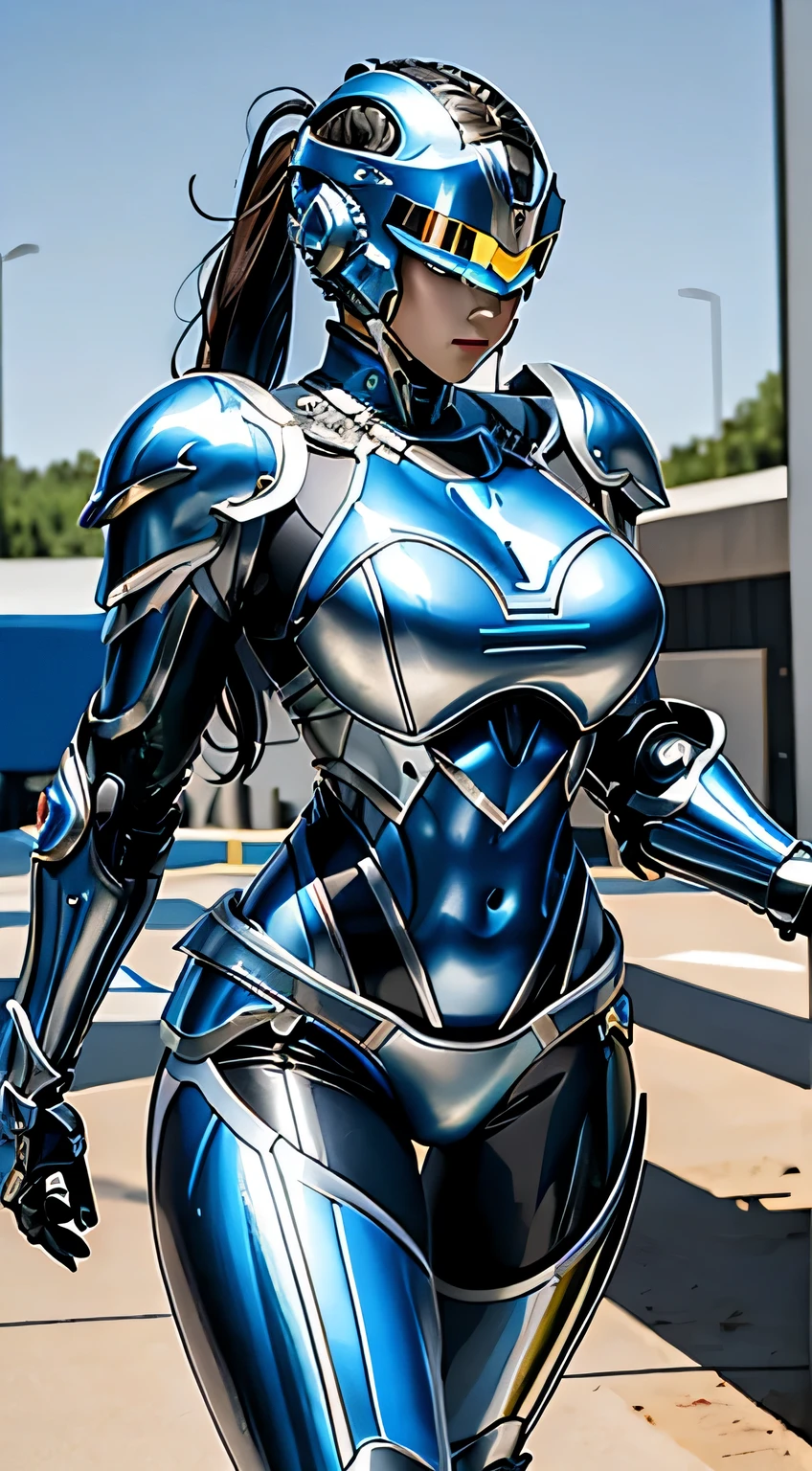 female robocop solo、bright outdoors、strong light source、8K, high quality, masterpiece, 最high quality, sharp contrast、very detailed、Armor that completely covers the whole body、very large armor、Helmet covering the head、clear pictures、Eyes hidden by thin straight goggles:1.3、The lower half of the face is raw:1.5、The lower half of the face is exposed、luscious lips、blue white metallic armor、Armor that completely covers the chest、thin and long legs、Vibrant posel body view,big and full breasts:1.5, (sports body:1.5)、five fingers、photos around town