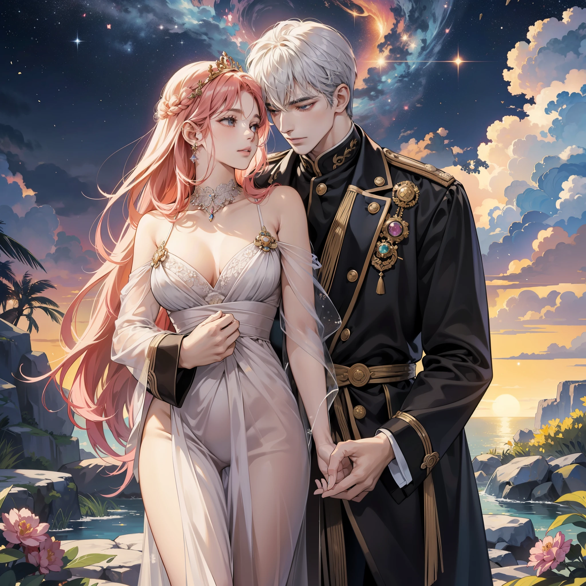 "Yab-Yum": A colossal Roman emperor named Constantine I, the Great, is an ageless statue in a tranquil garden, lovingly embraced by a girl hailing from the Land of the Rising Sun. They form a content couple, their affection so profound, it surmounts the boundaries of faith and religion. Their love is a microcosm of the universe, radiating the splendor of a galaxy, the serenity of a clear sky before dawn. Their relationship unfolded in an era of peace, upon a marble floor adorned with precious gemstones like diamond, morganite, and kunzite. The lovebirds are decorated with jewels