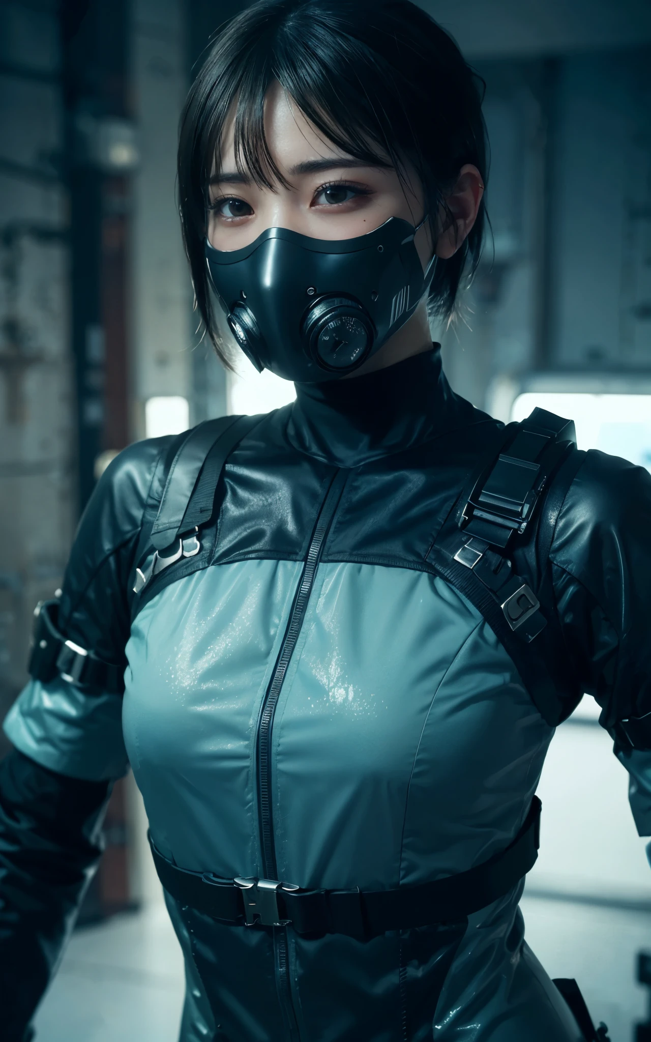 Dark Body 8K Drive Rendering, age Female Cyborg, Green Shortcut Hair, Wear wearing rash-guard likes police uniform, black and gray mecha, wearing high-tech heavy gasmask, military harness, holding a machinegun, battle armor, action SHOT, closes mouth, ((a closed mouth)), Skin pores, Detailed complex iris, Very dark lighting, heavy shadow, Detailed and detailed face, ((photos realistic, realist, Dramatic, murky, sharp focus, 8?And then)), ::Futuristic cyberpunk, Realistic style, ::n_digital-painting style