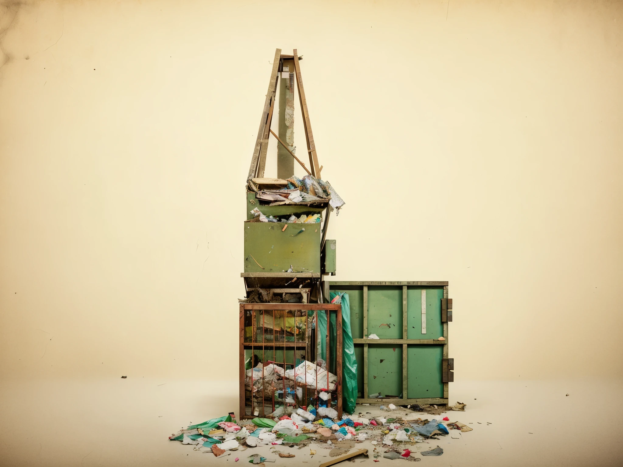 Classical Photography Craftsmanship,有一张起重机在一堆Rubbish顶上的照片, Inspired by Zhang Kechun, Rubbish, mixed media, Set photo, Archival pigment printing, Damaged machinery, broken composition, Rubbish, made of Rubbish, author：Kurt Rosch, Rubbish, deserted shinjuku Rubbish, author：Jacob Gorman, Inspired by William Harnett