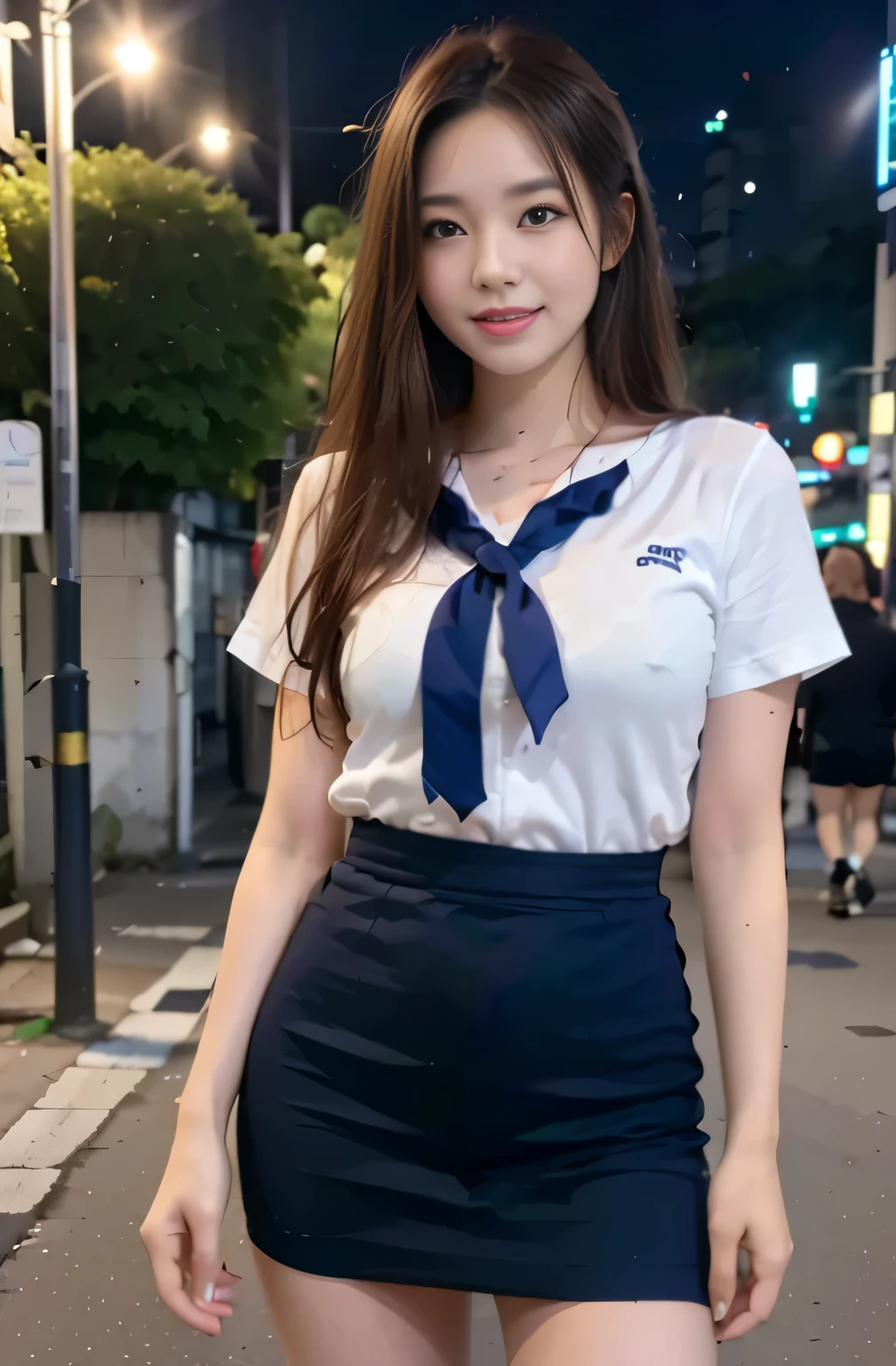 (8K, Raw photo, highest quality, mastery:1.3), (realistic, photo-realistic:1.37), (viewers watching:1.331), (gray hair), take a pose, tokyo street, cityscape at night, cyberpunk city, soft light, 1 girl, very beautiful face , perfect body proportions, (small face: 1.1), bust, casual hairstyle, smile, Big eyes, (short sleeves jk_shirt), jk_style, (navy jk_skirt), (bow jk_tie), mix 4, fine eyes