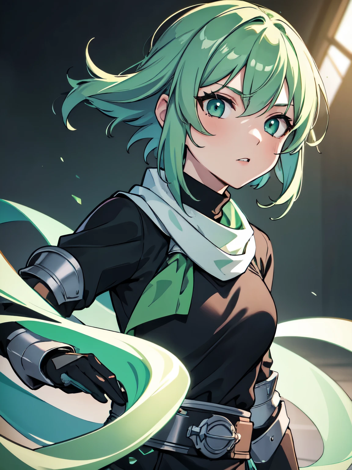 masterpiece, best quality, highres, 1girl, short green pastel hair, black shirt, turtleneck, long scarf, armor