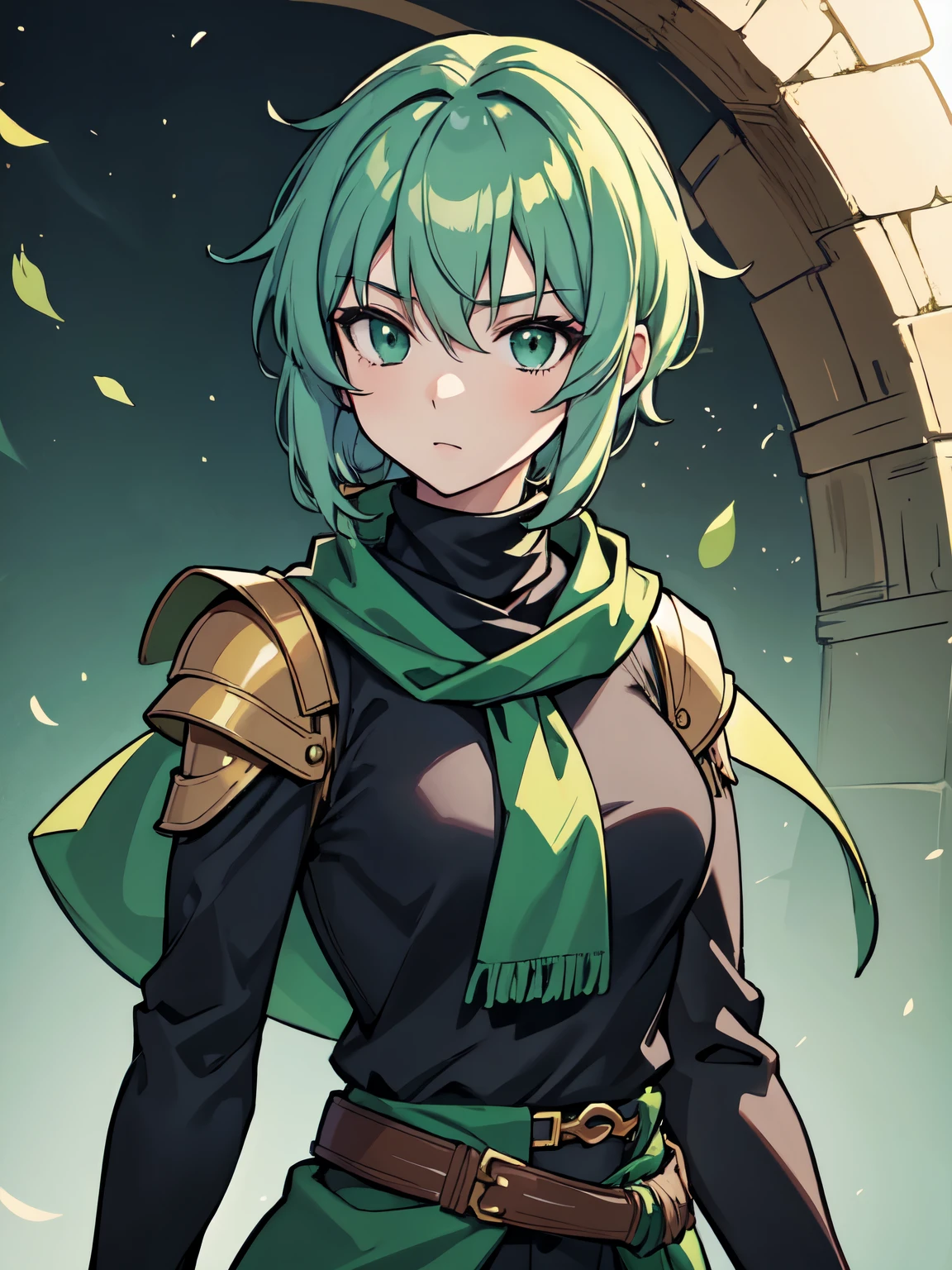 masterpiece, best quality, highres, 1girl, short green pastel hair, black shirt, turtleneck, long scarf, armor