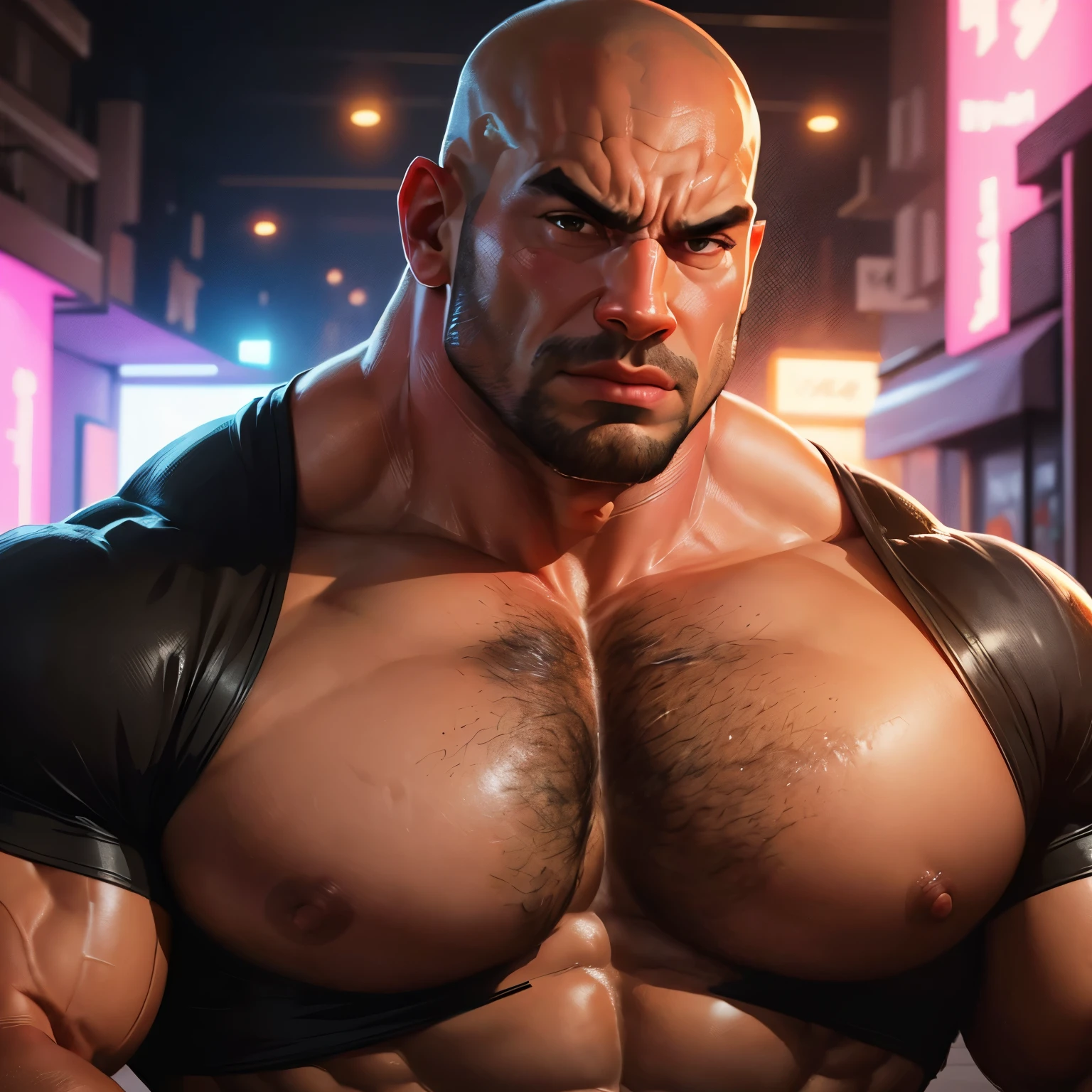 an exaggeratedly muscular and large bald bodyguard, beefy build, mixed race, (wearing ripped shirt: 1.2), (bara pecs: 1.3), (arm and chest hair: 1.1), close-up portrait HD, night club with pink lights