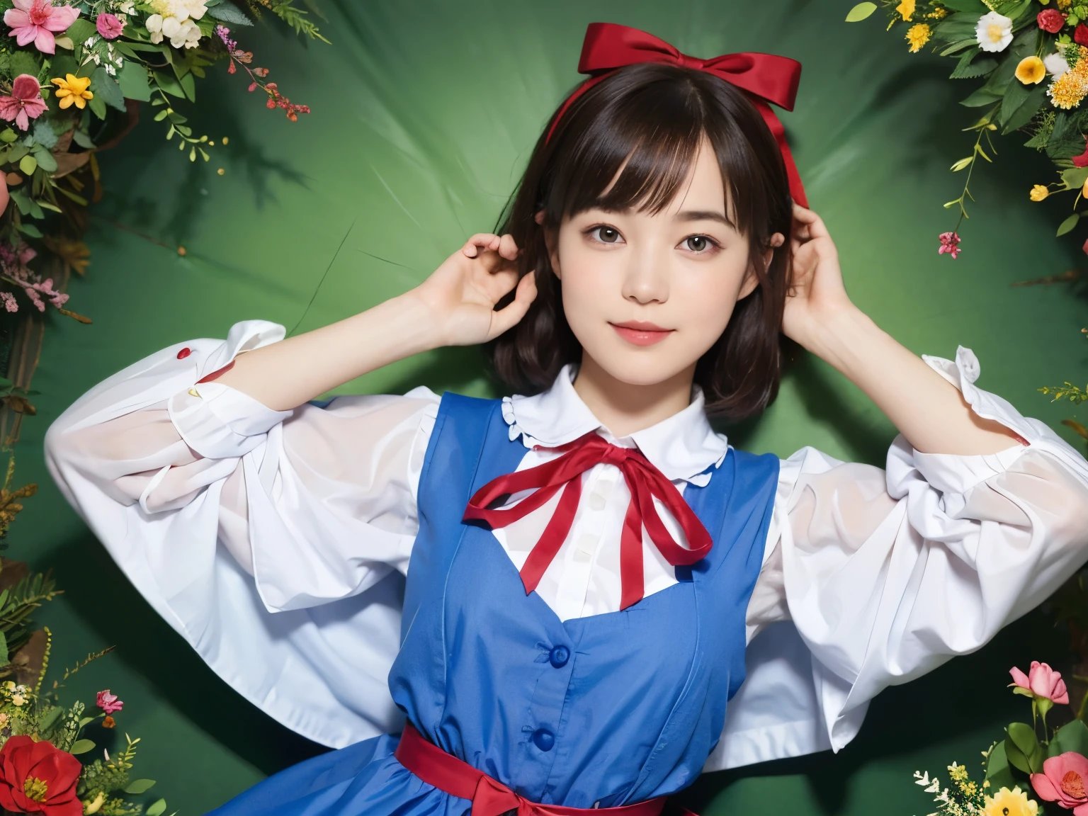 1 (alice in wonderland), (He wears a large triangular ribbon on his head......), short hair, young woman, gentle smile, colorful clothes
