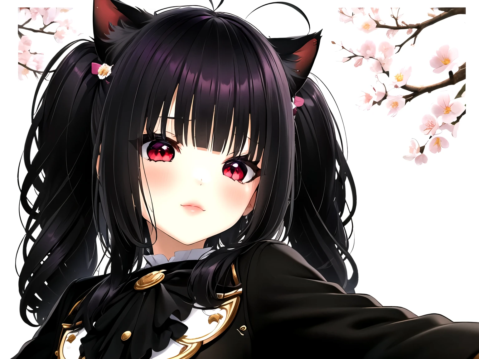 obra maestra, Mejor calidad, 1 chica, solo,((long hair with pigtails and a black fringe with cat ears, beautiful red eyes)), (sonrisa, rubor, la camisa negra, mangas cortas, vaqueros, parque, al aire libre, mirando al espectador, desde arriba, pecho mediano, , (fondo Flores de cerezo, tree, luz de sol, pink petals))