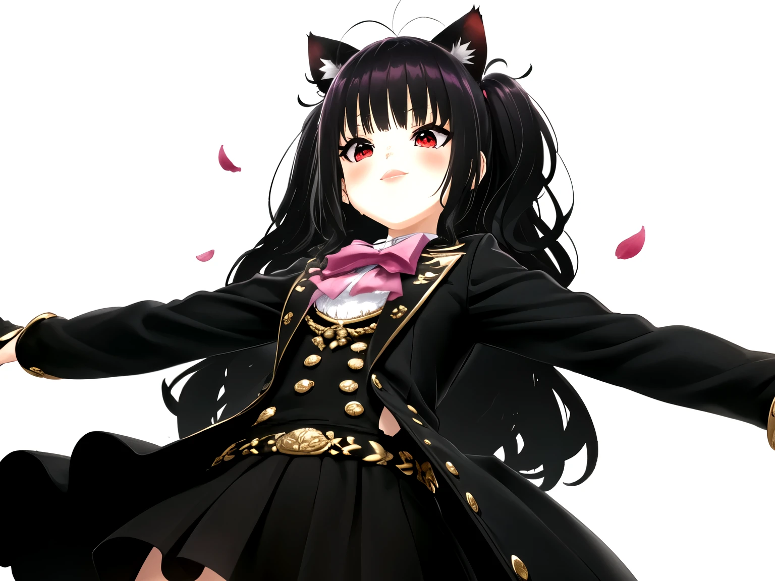 obra maestra, Mejor calidad, 1 chica, solo,((long hair with pigtails and a black fringe with cat ears, beautiful red eyes)), (sonrisa, rubor, la camisa negra, mangas cortas, vaqueros, parque, al aire libre, mirando al espectador, desde arriba, pecho mediano, , (fondo Flores de cerezo, tree, luz de sol, pink petals))