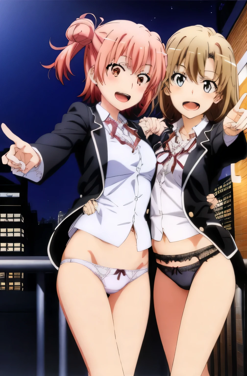 2 girls ,(yuigahama yui'great bust and pussy), waltz dance ,uniform,black blazer,white shirt,ribbon,light pink lace panties,(pussy line:1.0),thighs,((high angle:1.0)),look at the camera,I'I'm embarrassed and blush,open mouth smile,beautiful eyes,downtown at night