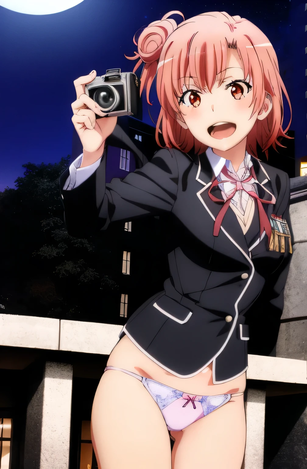 2 girls ,(yuigahama yui&#39;great bust and pussy), waltz dance ,uniform,black blazer,white shirt,ribbon,light pink lace panties,(pussy line:1.0),thighs,((high angle:1.0)),look at the camera,I&#39;I&#39;m embarrassed and blush,open mouth smile,beautiful eyes,downtown at night