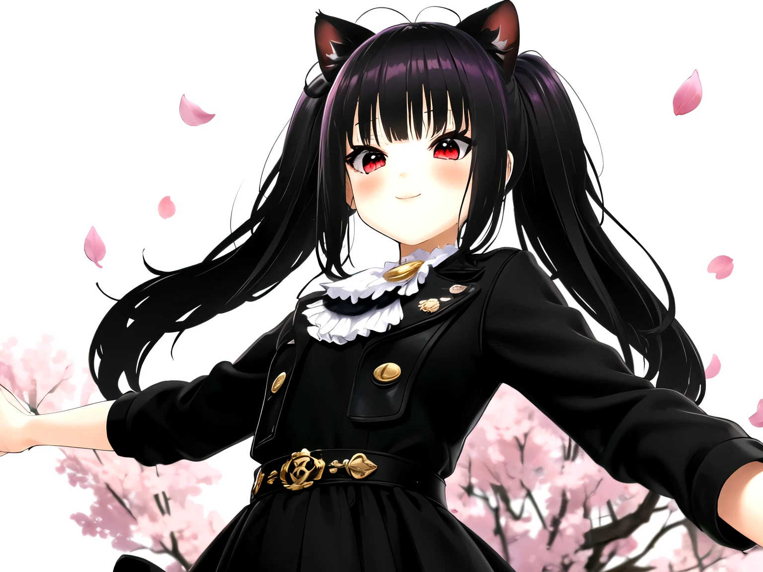 obra maestra, Mejor calidad, 1 chica, solo,((long hair with pigtails and a black fringe with cat ears, beautiful red eyes)), (sonrisa, rubor, la camisa negra, mangas cortas, vaqueros, parque, al aire libre, mirando al espectador, desde arriba, pecho mediano, , (fondo Flores de cerezo, tree, luz de sol, pink petals))