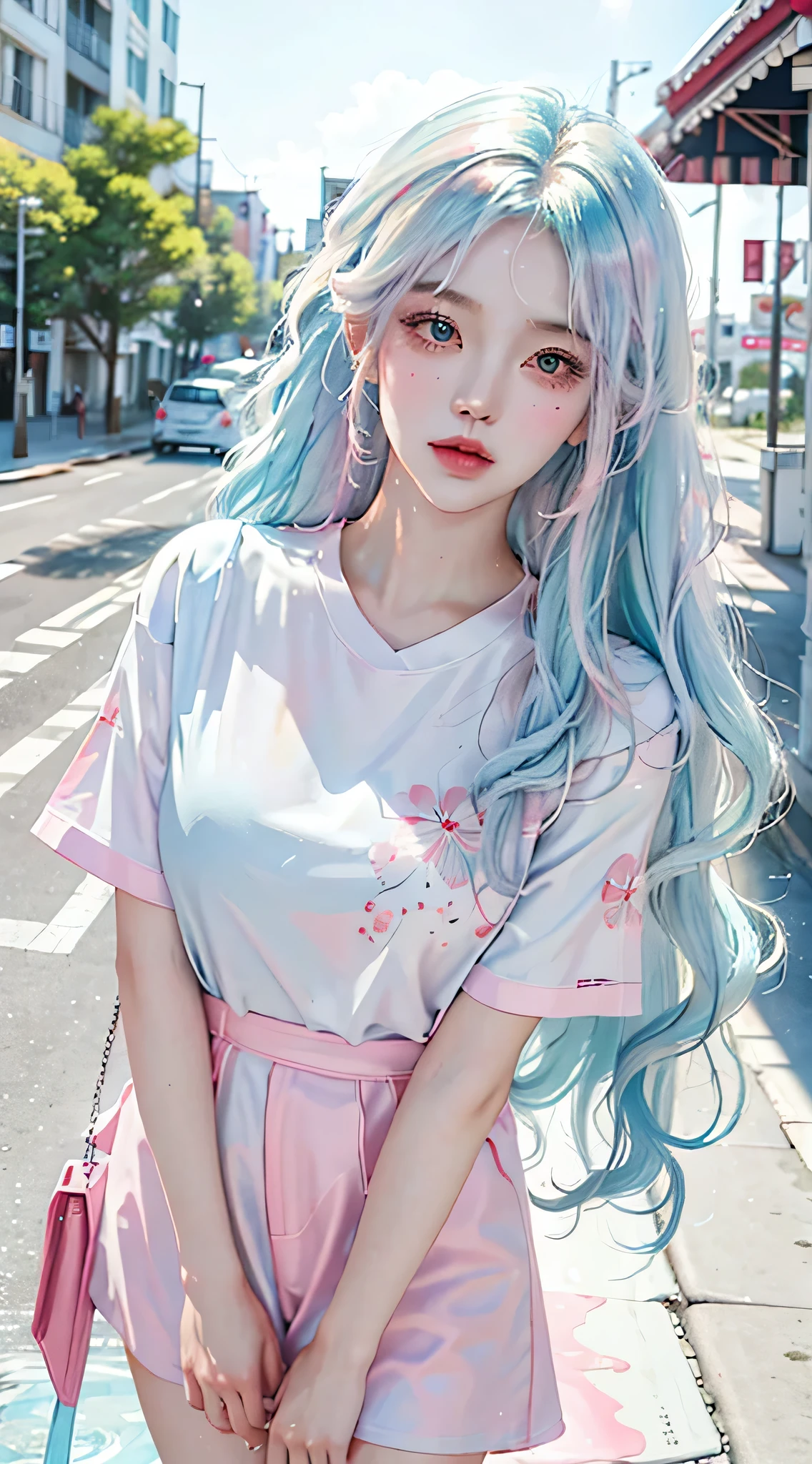 （masterpiece、best quality、high resolution），White background，acrylic paint，（（splash of color，Splash ink、splash of color）），sweet chinese girl，Long light blue hair，[light blue|pink big breasts]hair，curls，sparkling，pink lips，white shirt，street frontage，Above the legs