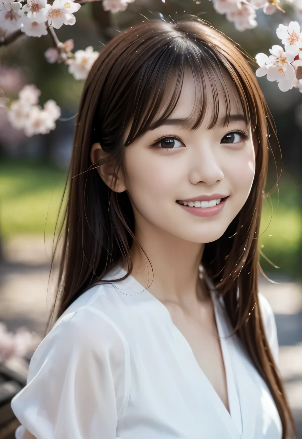 (((cherry blossoms:1.3, outdoor, Photographed from the front))), ((long hair:1.3,one piece,Smile,japanese woman,cute)), (clean, natural makeup), (highest quality, masterpiece:1.3, 超High resolution), (Super detailed, caustics), (realistic:1.4, RAW shooting), very detailed, High resolution, 16K resolution