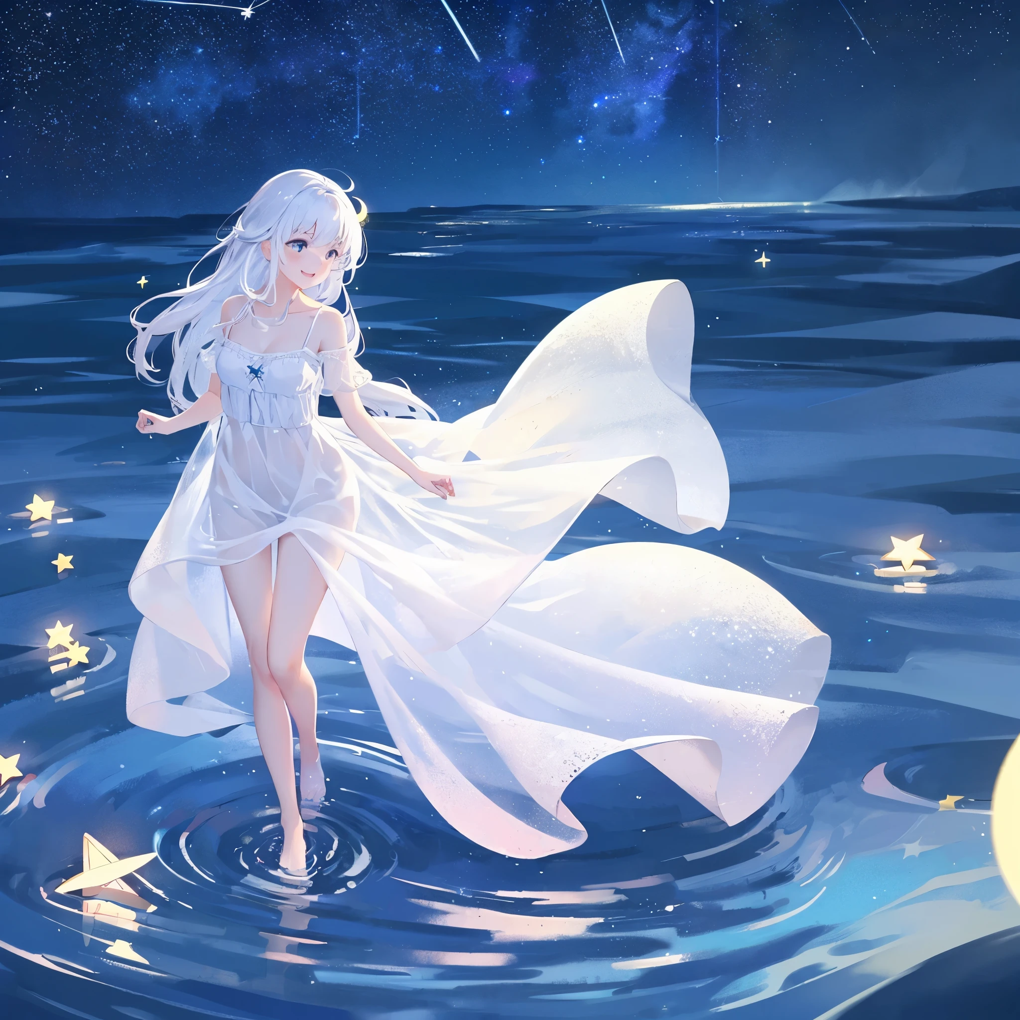 an ocean of stars, night sky, colorful, ethereal, charming girl in a white sheer babydoll dress, white hair, walking on the water, Her smile was filled with tenderness and joy, giant crescent white moon dipping into the water in the background, (((((((stars))))))