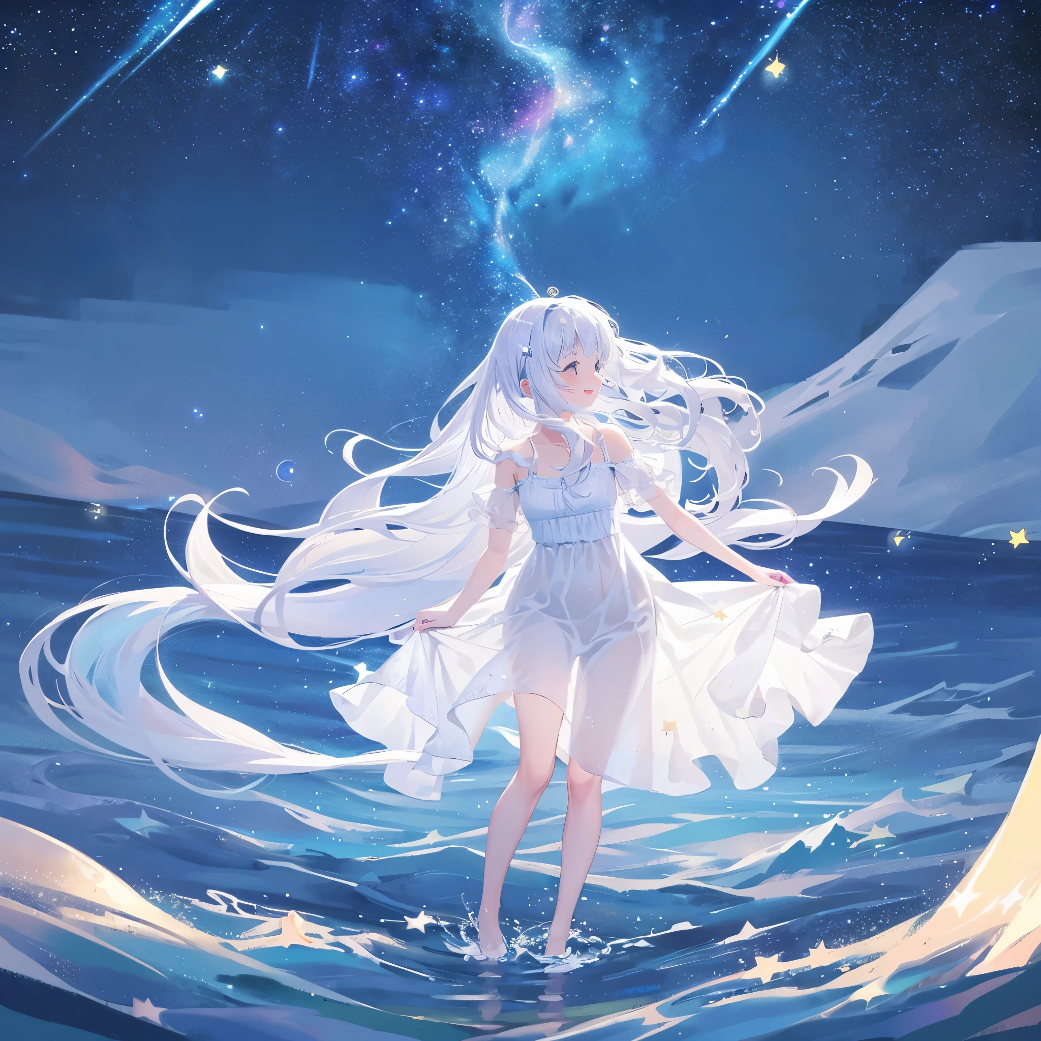 an ocean of stars, night sky, colorful, ethereal, charming girl in a white sheer babydoll dress, white hair, walking on the water, Her smile was filled with tenderness and joy, giant crescent white moon dipping into the water in the background, (((((((stars))))))