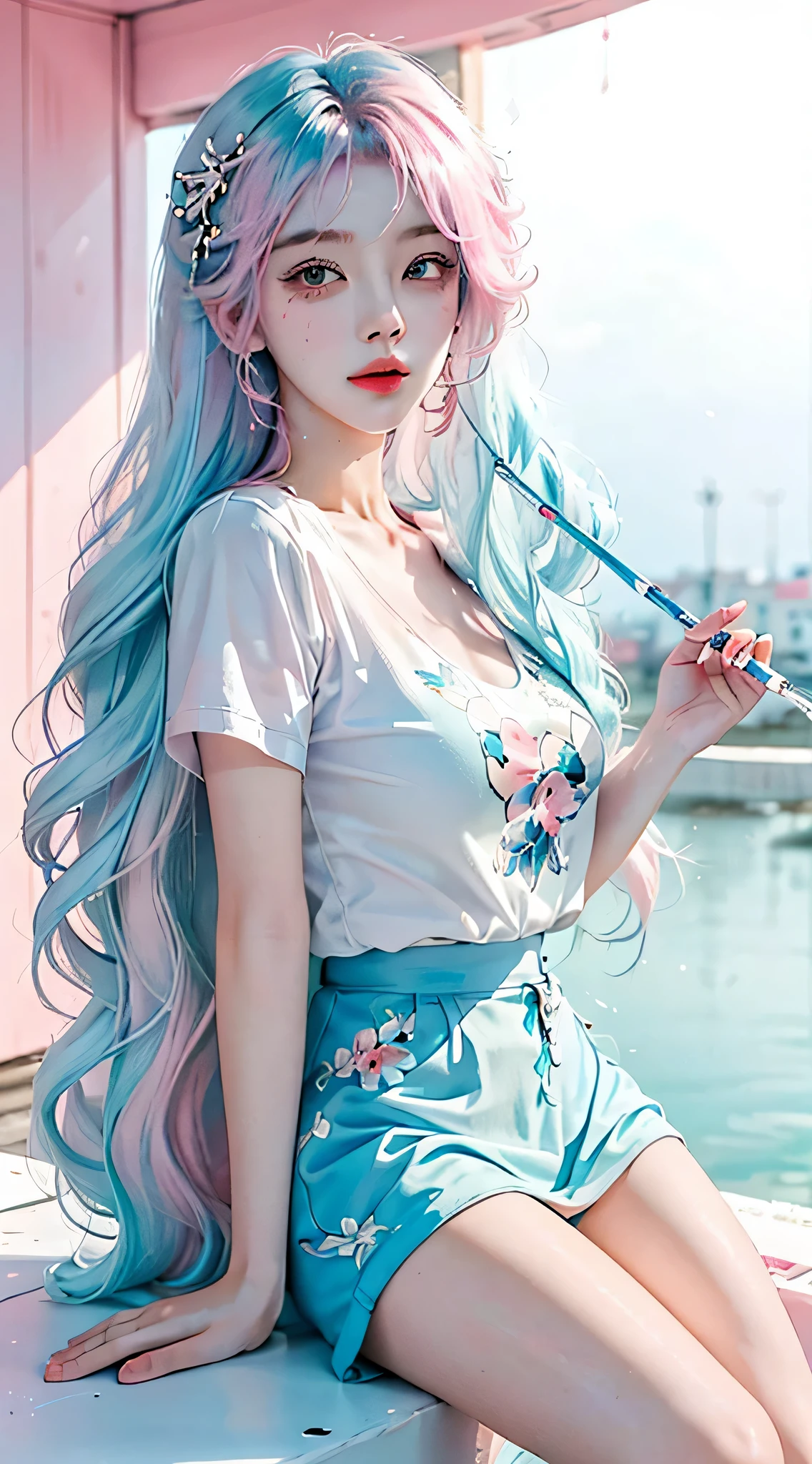 （masterpiece、best quality、high resolution），White background，acrylic paint，（（splash of color，Splash ink、splash of color）），sweet chinese girl，Long light blue hair，[light blue|pink big breasts]hair，curls，sparkling，pink lips，white shirt，street frontage，Above the legs