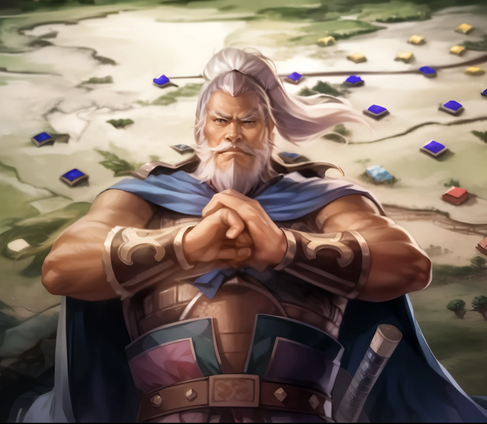 A man with a beard and a white beard stands in front of a map, Odin's Stone Arena Background, Age of Empires, Heroes of Might and Magic, Heroes of Might and Magic 3, strategy game, Portrait of Odin the Rugged, Guan yu, Nalanbato Gumbold, Three Kingdoms of China, xianxia hero, An epic majestic degan trader