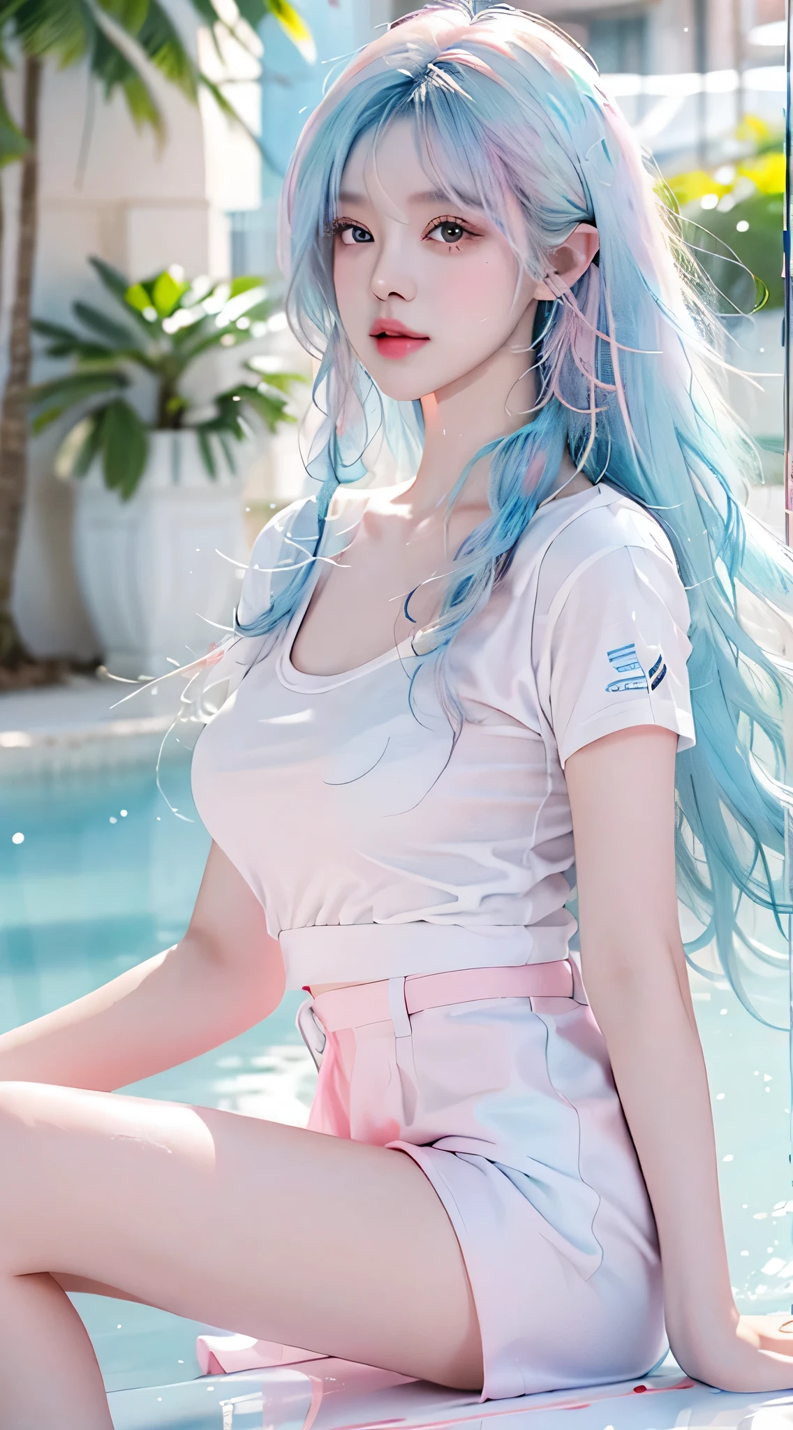 （masterpiece、best quality、high resolution），White background，acrylic paint，（（splash of color，Splash ink、splash of color）），sweet chinese girl，Long light blue hair，[light blue|pink big breasts]hair，curls，sparkling，pink lips，white shirt，street frontage，Above the legs