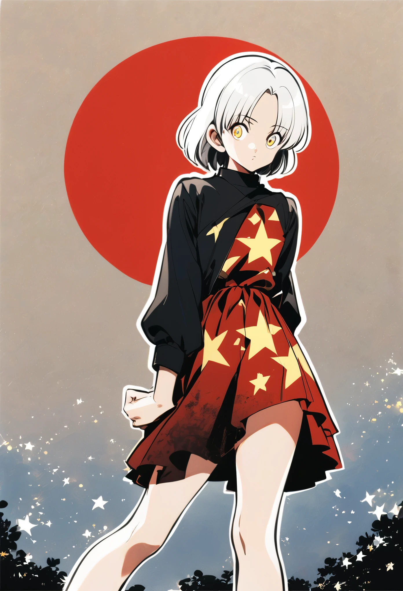 Girl with white hair, yellow starry eyes and wearing a red tattered dress anime girl