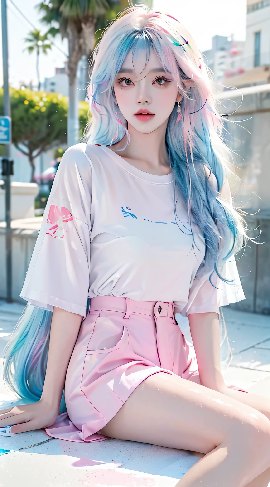 （masterpiece、best quality、high resolution），White background，acrylic paint，（（splash of color，Splash ink、splash of color）），sweet chinese girl，Long light blue hair，[light blue|pink big breasts]hair，curls，sparkling，pink lips，white shirt，street frontage，Above the legs