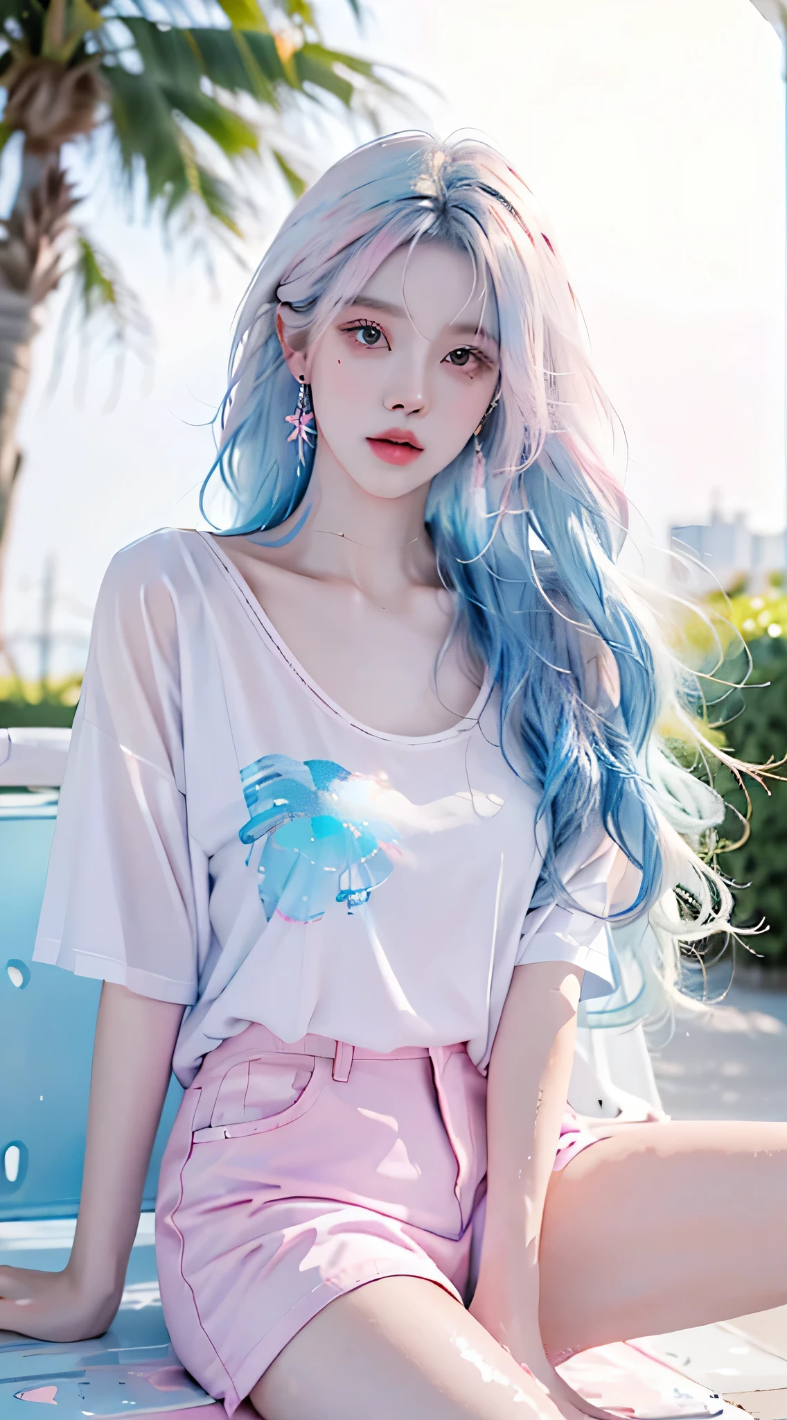 （masterpiece、best quality、high resolution），White background，acrylic paint，（（splash of color，Splash ink、splash of color）），sweet chinese girl，Long light blue hair，[light blue|pink big breasts]hair，curls，sparkling，pink lips，white shirt，street frontage，Above the legs