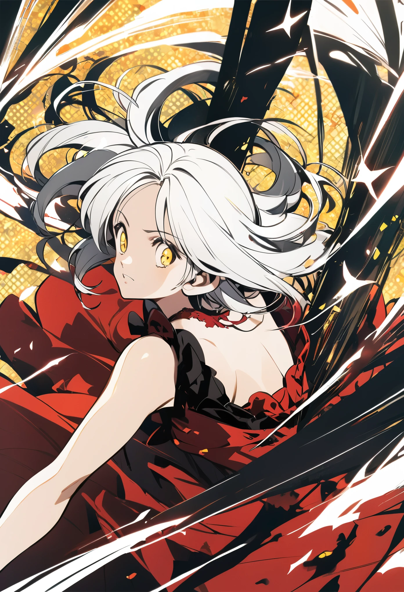 Girl with white hair, yellow starry eyes and wearing a red tattered dress anime girl