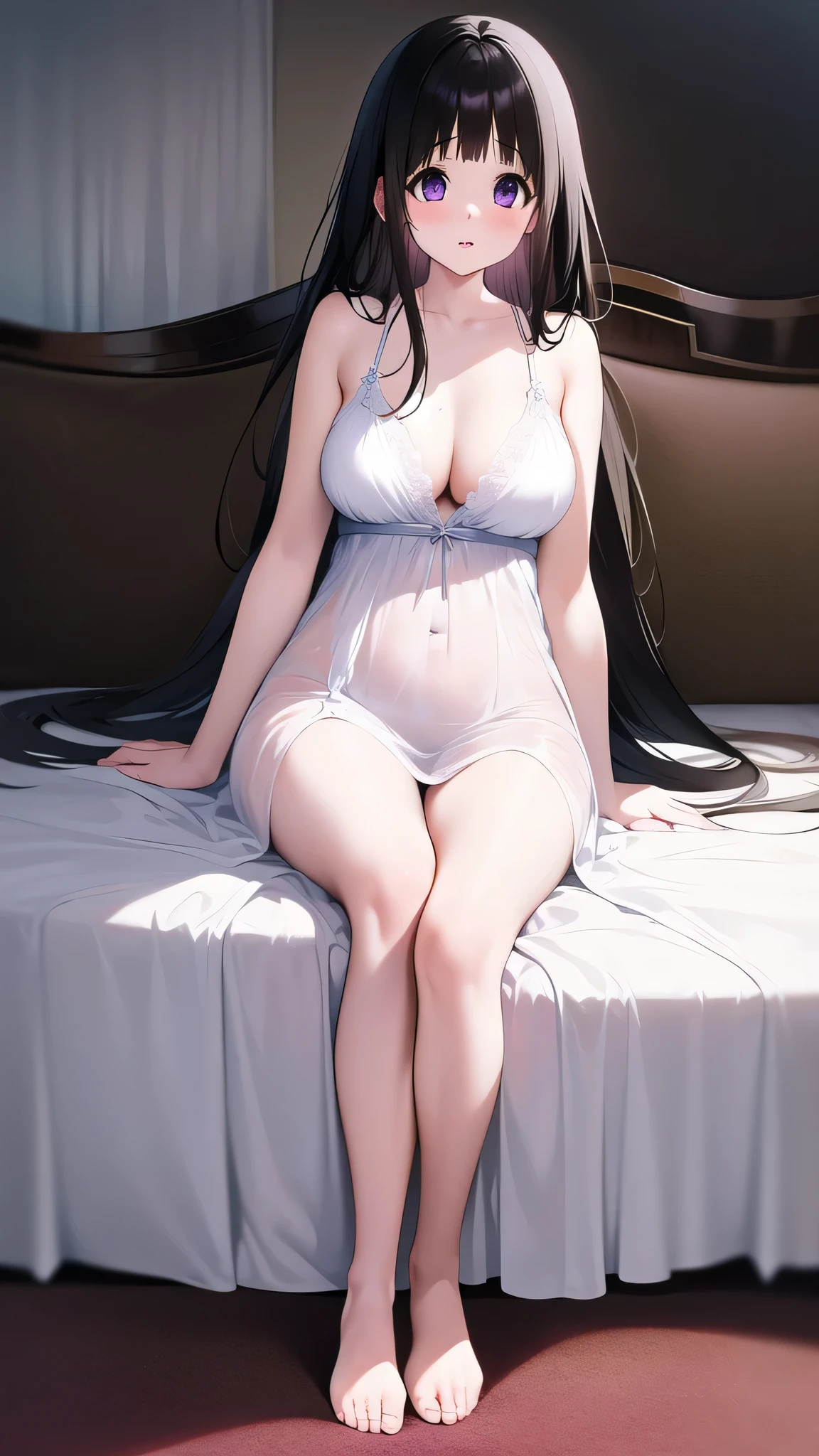 The stunning Chitanda Eru, There is only one beautiful girl,purple eyes, black hair, Naturally straight hair, straight bangs, extremely refined,adult face,lips open,flowing long hair,Peerless beautiful girl, dreamlike,Slim,soft, (Sensual), (kawaii), dream quality,White transparent nightdress,camel toe,nopan,side breasts,Show areola,Bare thighs,bare shoulders,Clavicle exposed,bare neck,groin,barefoot,Naked breasts,ultra high resolution, (masterpiece:1.2, best quality), (Exquisite and beautiful eyes: 1.2), (Beautiful and delicate face)