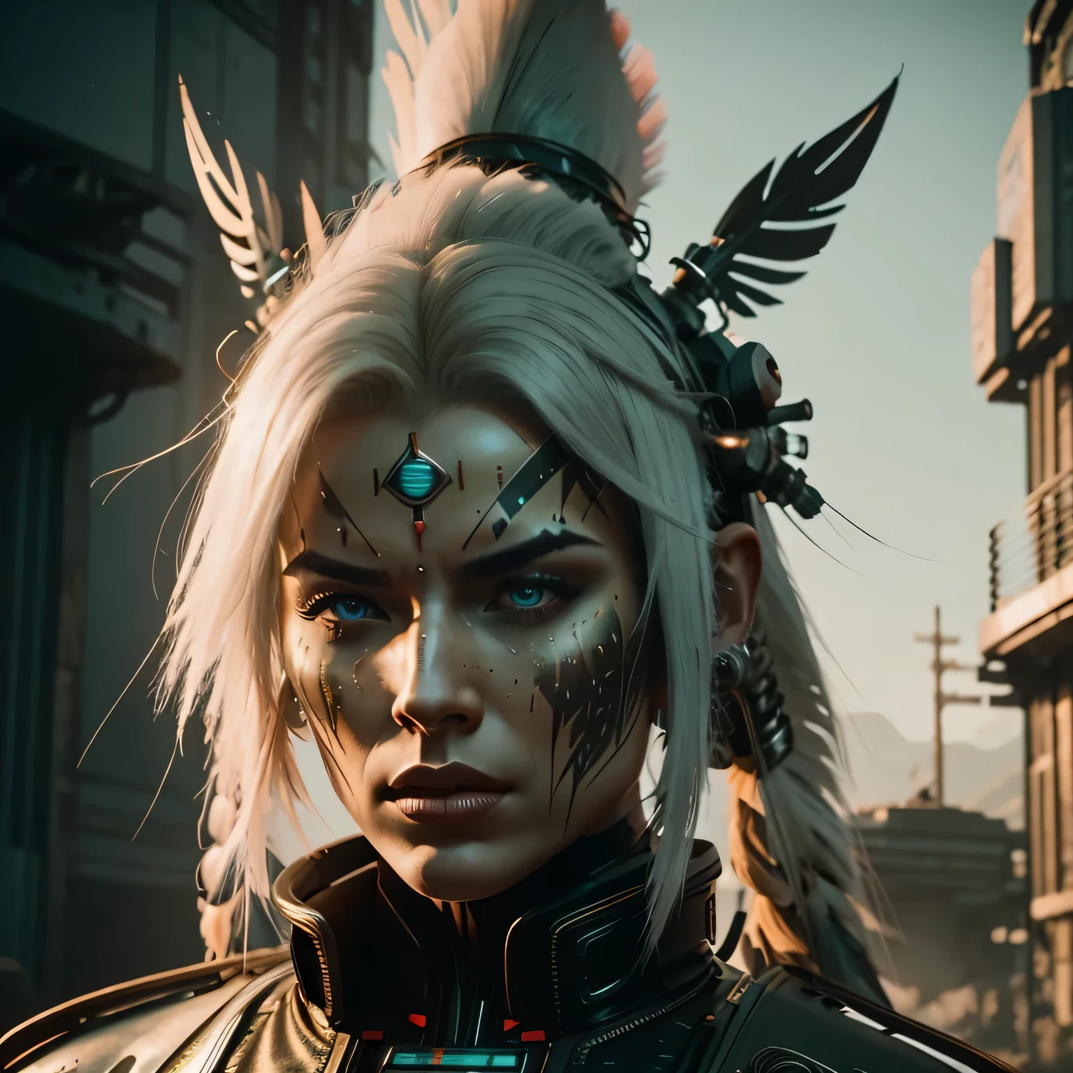 analog style, futuristic Indian chief from 2099 with high tech headdress, platinum hair and war paint, strong fiery eyes, octane render, cinematic lighting, dramatic lighting, mood taking in the picture