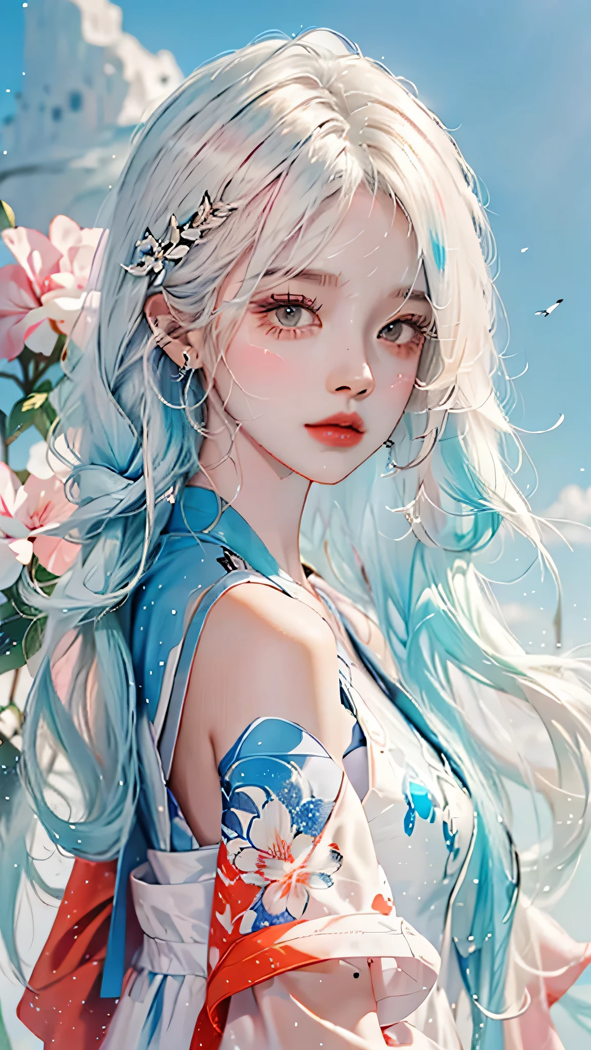 (masterpiece, best quality, High resolution), White background, acrylic paint, ((color splash, splash ink, color splash)), sweet chinese girl, Long light blue hair, [light blue|Pink] hair, Curly hair, flash, peach lips, White shirt, front, Upper body