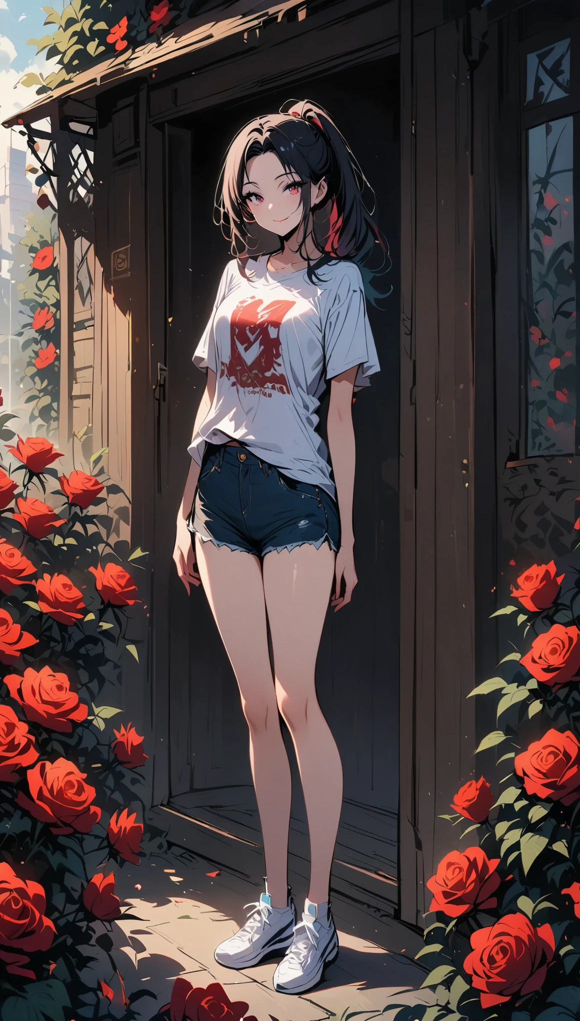 masterpiece, a young beautiful girl, Smile, looking at camera, standing in front of a rose bush, Wearing shorts and a T-shirt, white sneakers. Wearing a top and shorts, flowers, Full body image, Casual pose, Slender legs