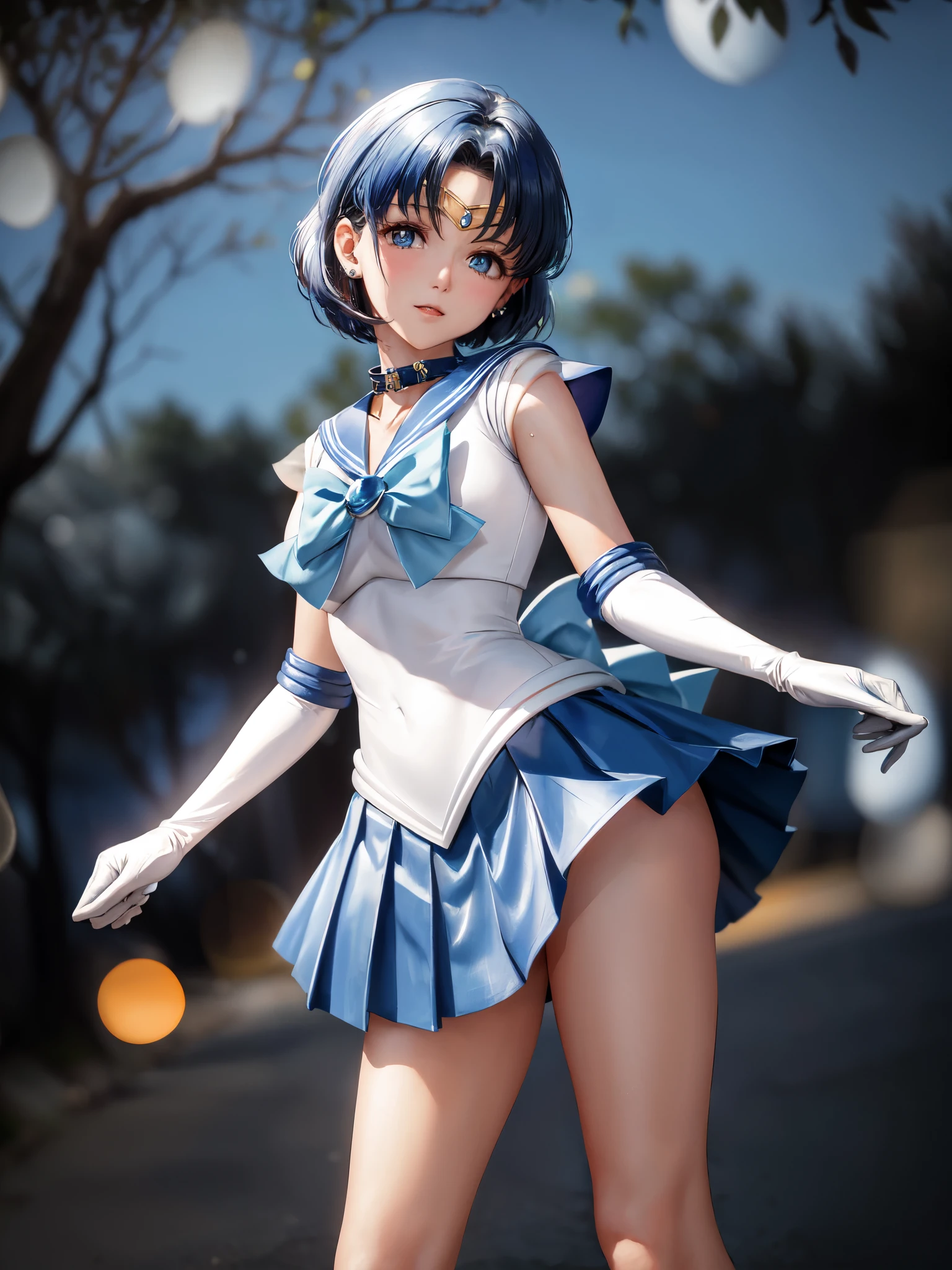 masterpiece, highest quality, High resolution, Realistic, Show more1, tiara, Sailor Warrior Uniform, Blue Skirt, Blue sailor collar, tiara, bow, Knee Boots, choker, White gloves, blue choker, elbow gloves, jewelry, Earrings, Pleated skirt, Cowboy Shot, Garden with lots of blue flowers on background, Arms above head, Angle from below, ((Showing panties:1.3))