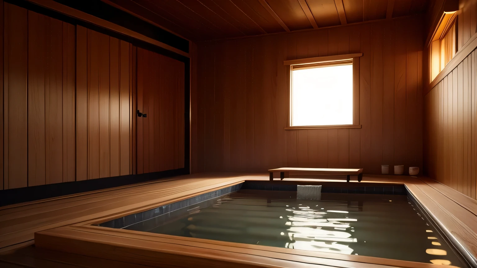 Hinoki bath, No character,Super detailed,vapor、indoor、night、wooden wall