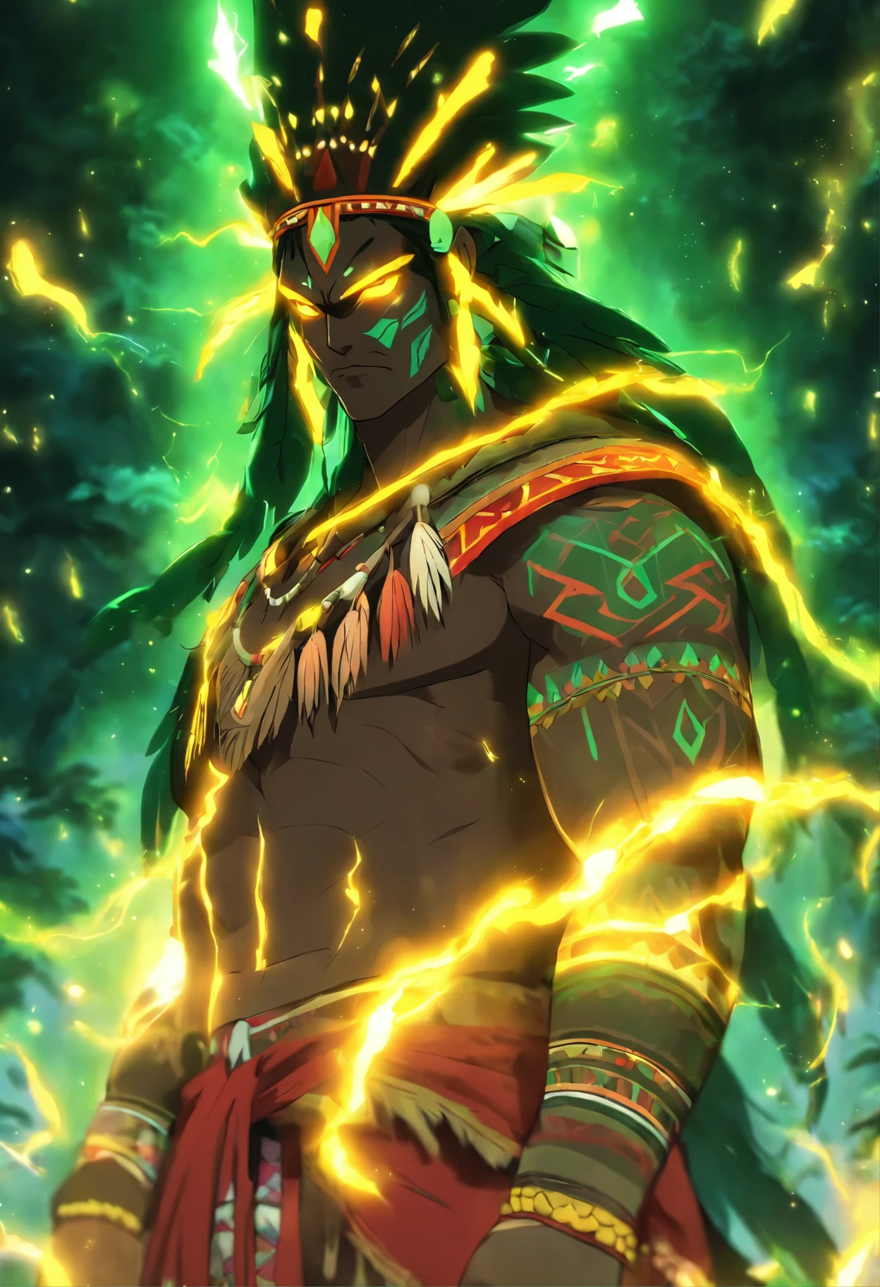 ((indigenous God))) Melhor qualidade, very high resolution, CG detalhado 40K, piece of master, Bed, indigenous God, Cocar indiano longo, lightning, thunder, Standing posture, indigenous clothing, Amazonas, Brasil, aesthetic, Imagem bonita, centrado na tela,corpo inteiro,paleta verde amarelo