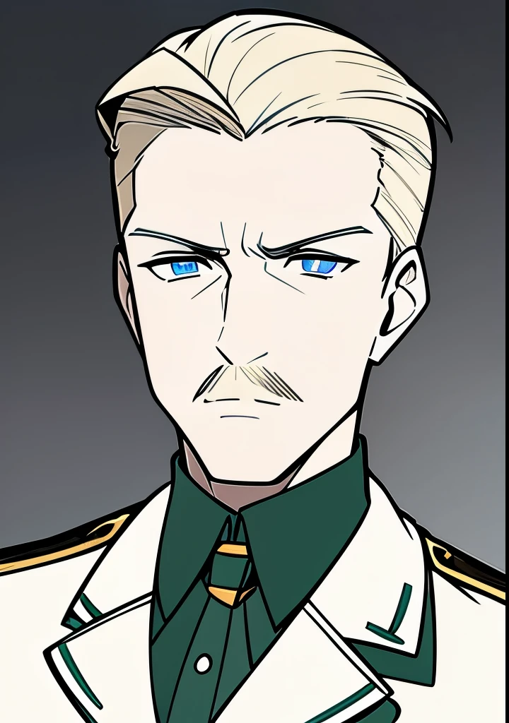Young Adult male, white and tender skin, pale blonde slicked back combed short hair, kaisermustache, ducktail beard, steel blue eyes, green and slightly mature, serious and emotionless facial expression,wearing world war 2 era german fatigues, portrait style, facing forwards