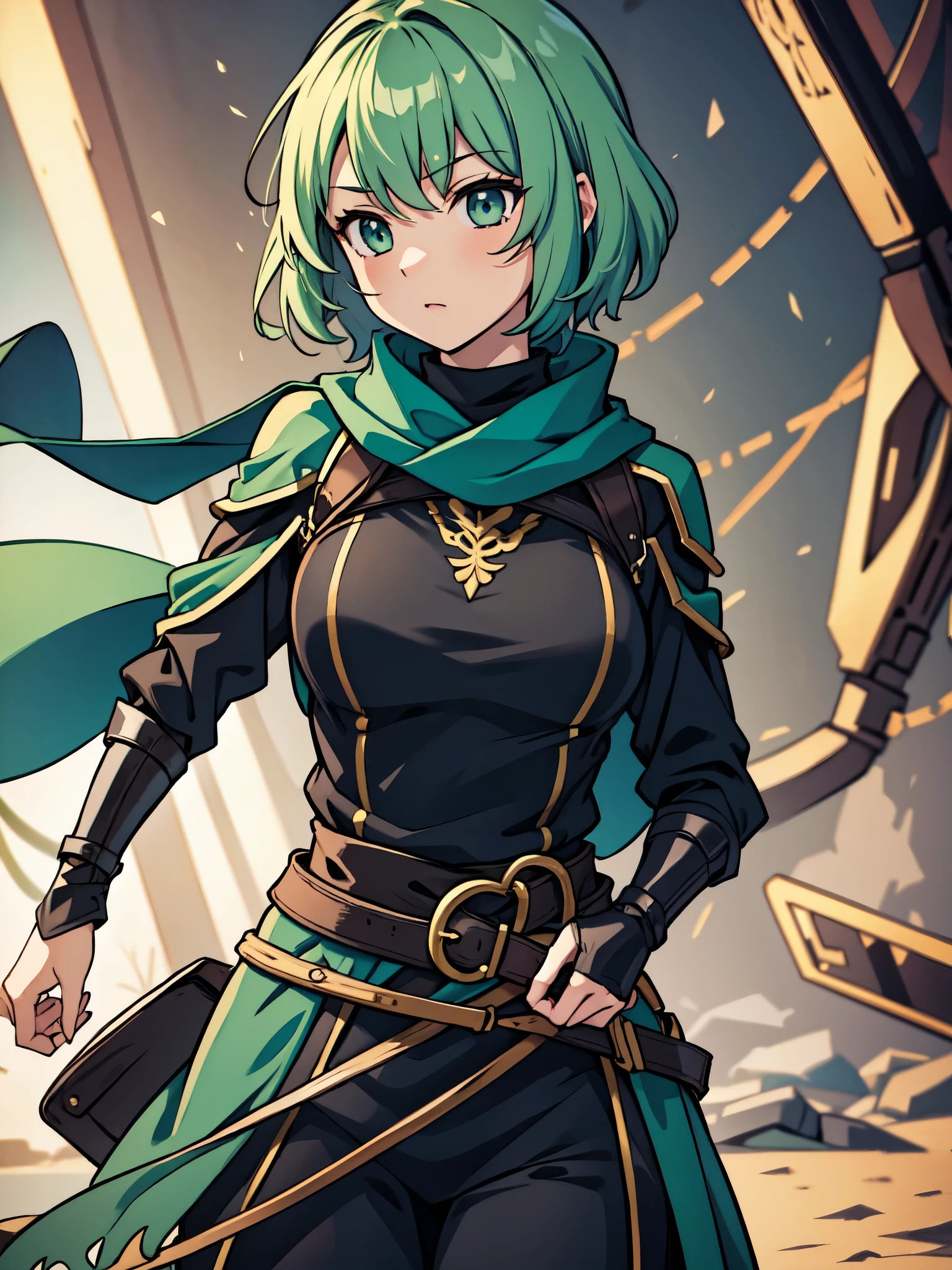masterpiece, best quality, highres, 1girl, short green pastel hair, black shirt, turtleneck, long scarf, armor