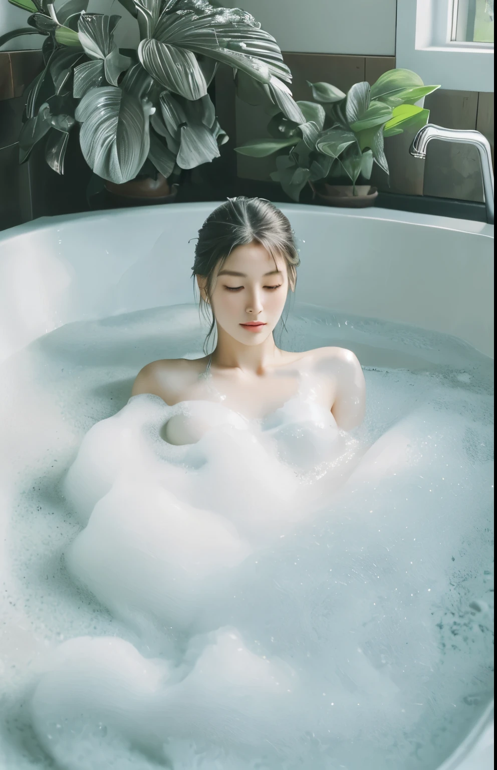 (best quality,4k,8k,highres,masterpiece:1.2),ultra-detailed,(realistic,photorealistic,photo-realistic:1.37),a woman taking a bath,beautifully detailed eyes,beautiful detailed lips,delicate facial features,flowing water,soapy foam,refreshing atmosphere,subtle steam rising,tranquil expression,warm lighting,sensual atmosphere,comfortable bathroom setting,bubble bath,relaxing moment,peaceful ambiance,subdued colors,feminine charm