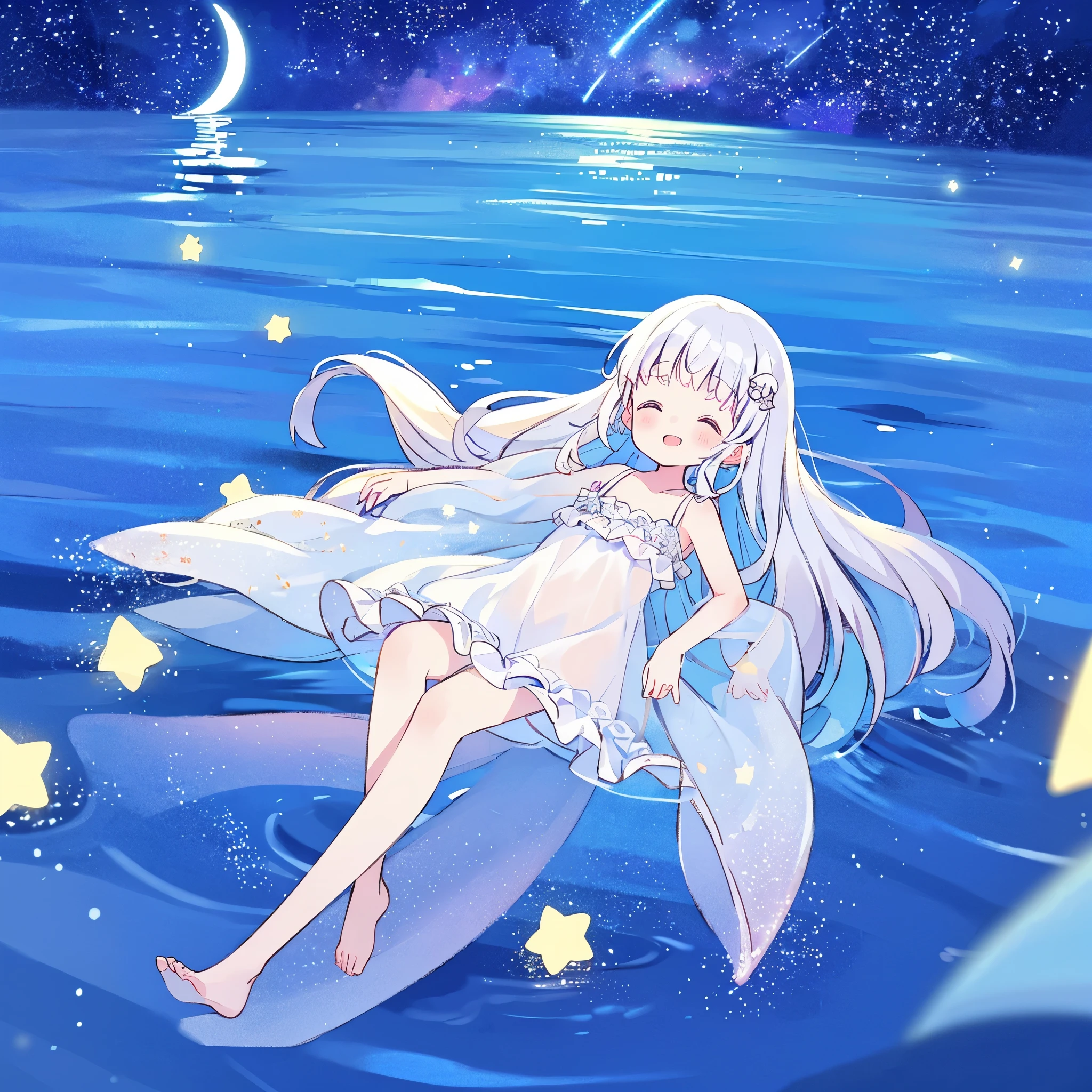 an ocean of stars, night sky, colorful, ethereal, charming girl in a white sheer babydoll dress, white hair, walking on the water, Her smile was filled with tenderness and joy, giant crescent white moon dipping into the water in the background, (((((((stars))))))