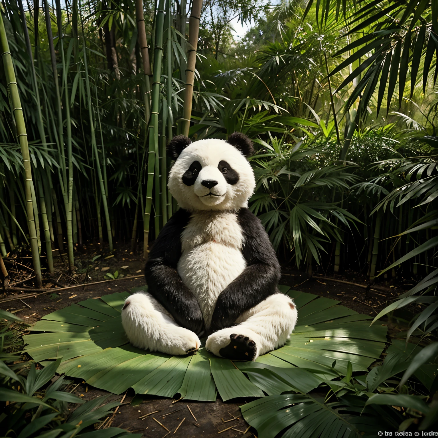 An adorable panda bear named Garras del Oso sits on the lush, green tierra, surrounded by tall bamboo stalks. The peaceful panda appears content with the paz and tranquilidad that nature brings, embodying the harmony between the animal and its environment. With its black eyes closed, it seems to soak up the serenity, its round belly resting comfortably on the ground. The gentle rustling of the bamboo leaves and the soft sound of the wind completes this surreal, calming scene.
