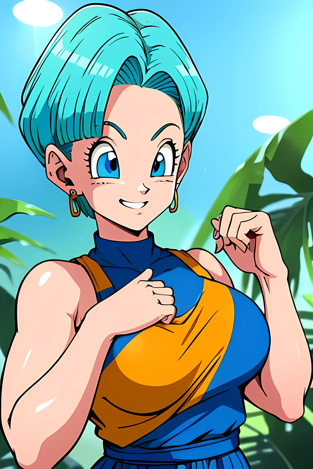 High Definition, 8K, cara detallada, agarrando su pecho, tocando su pecho, mostrando su pecho, Bulma de dragonball z, ojos azules profundos, ((lenceria transparente amarilla)), spa, (pechos grandes)), delgado y delgado, cuerpo de proporciones iguales, ((centrarse en su pecho)), Vista frontal, cuatro dedos y 1 pulgar, ((2 manos)), pelo azul, Hermosa sonrisa, sonriendo al espectador, mejillas sonrojadas,