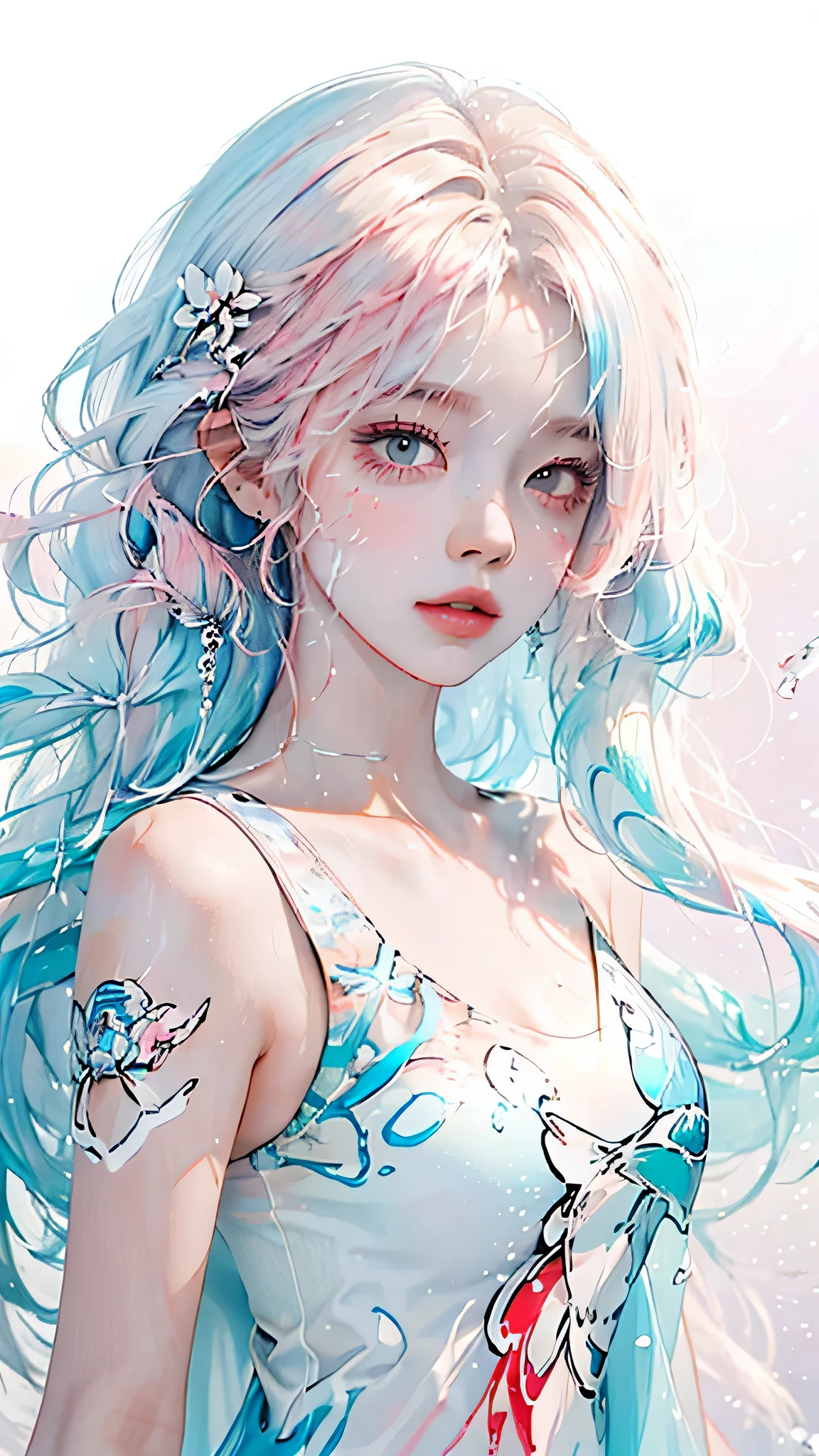 (masterpiece, best quality, High resolution), White background, acrylic paint, ((color splash, splash ink, color splash)), sweet chinese girl, Long light blue hair, [light blue|Pink] hair, Curly hair, flash, peach lips, White shirt, front, Upper body
