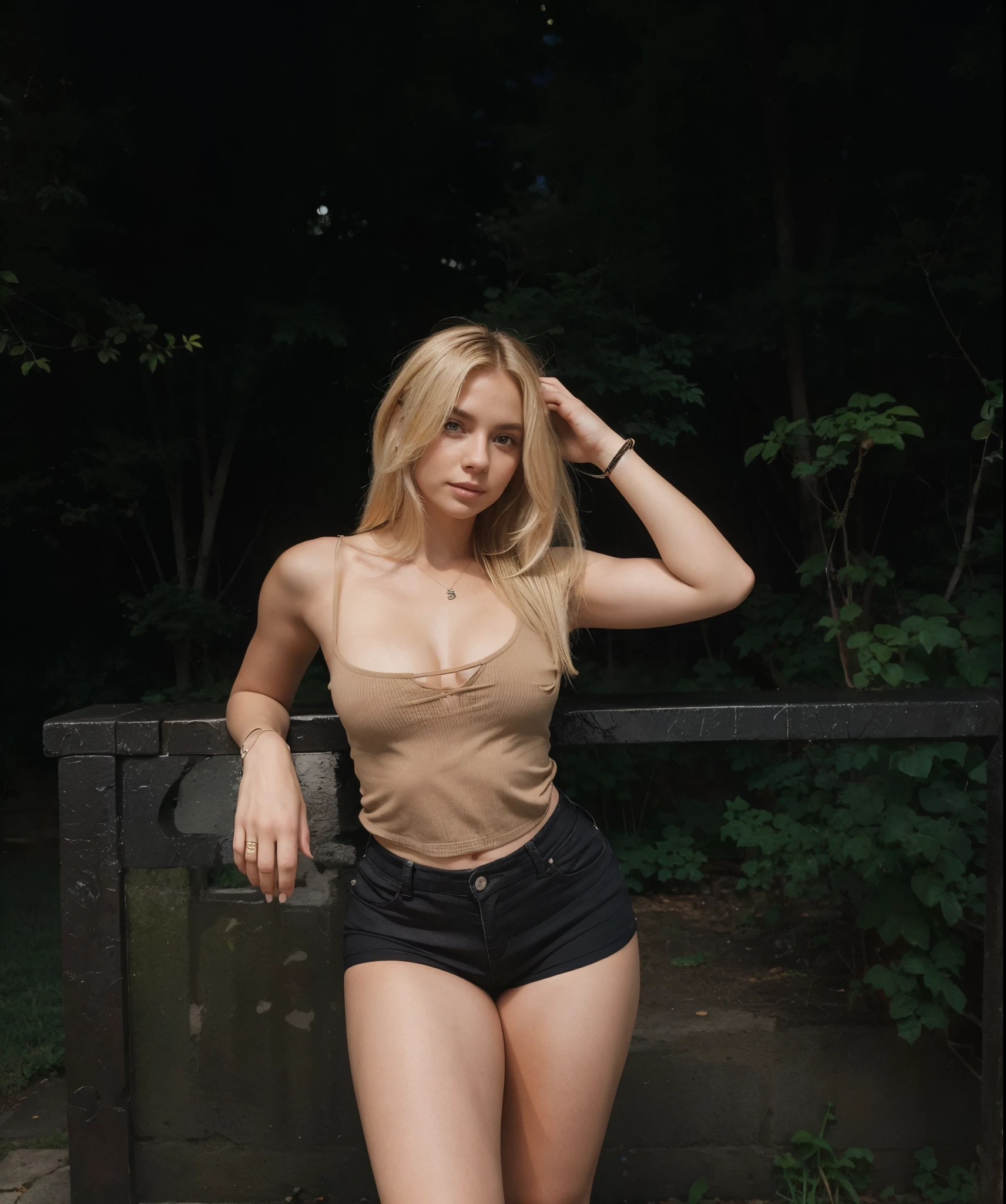 Make blonde Amanda this same pose wearing an identical outfit in an identical setting, cabelo loiro