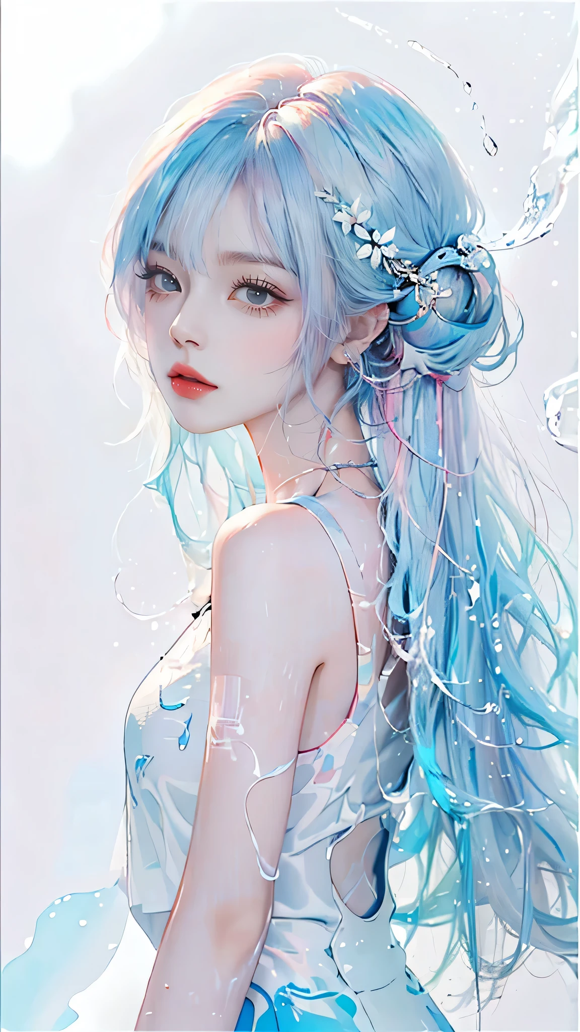 (masterpiece, best quality, High resolution), White background, acrylic paint, ((color splash, splash ink, color splash)), sweet chinese girl, Long light blue hair, [light blue|Pink] hair, Curly hair, flash, peach lips, White shirt, front, Upper body