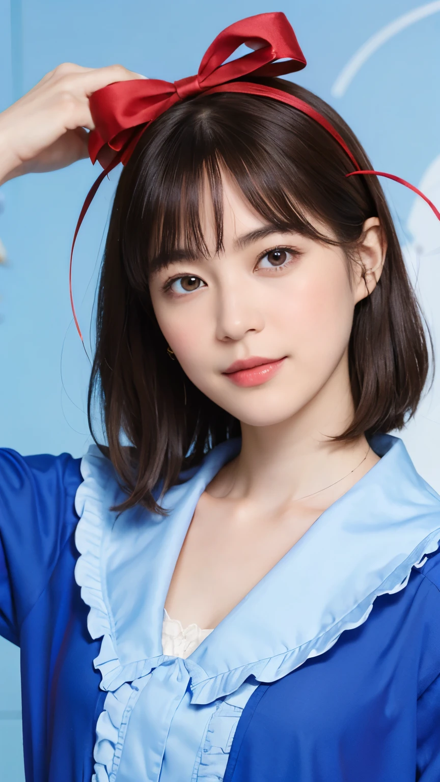 1 (alice in wonderland), (He wears a large triangular ribbon on his head.......), short hair, young woman, gentle smile, colorful clothes